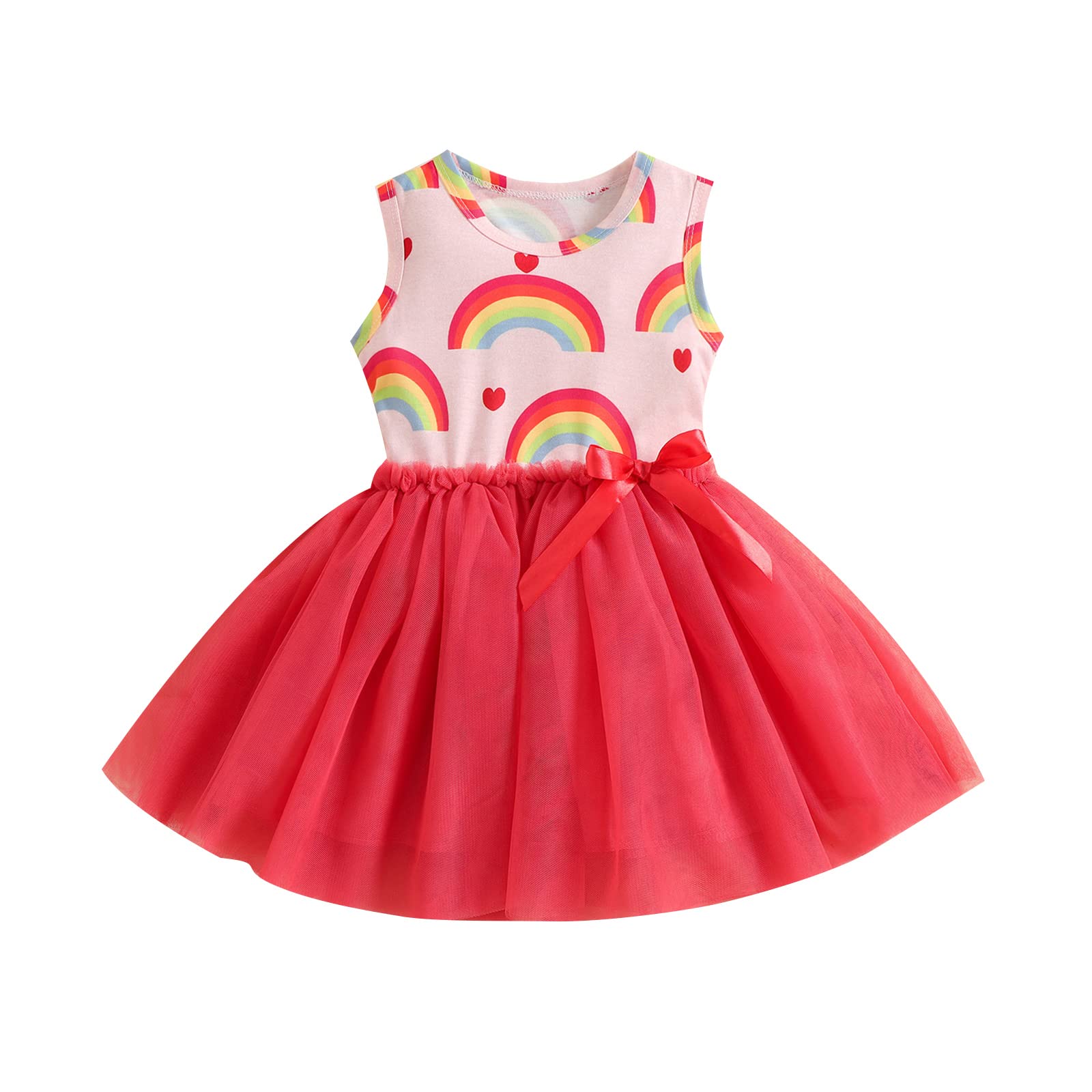 Toddler Baby Girl Summer Clothes - Sleeveless Rainbow Print Mesh Dress with Round Neck | Perfect for Spring & Summer Outings, Birthday Parties & Playdates