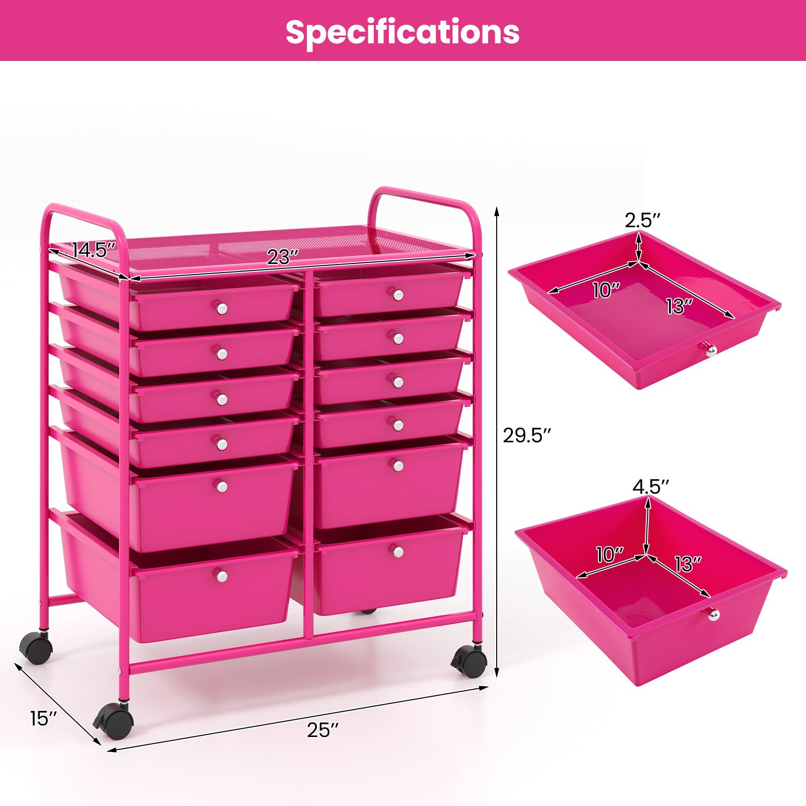 RELAX4LIFE 12-Drawer Rolling Craft Storage Cart with Wheels - Mobile Organizer for Art Supplies, Office, School & Beauty Salon - Pink Utility Cart for Easy Access & Space Saving Organization