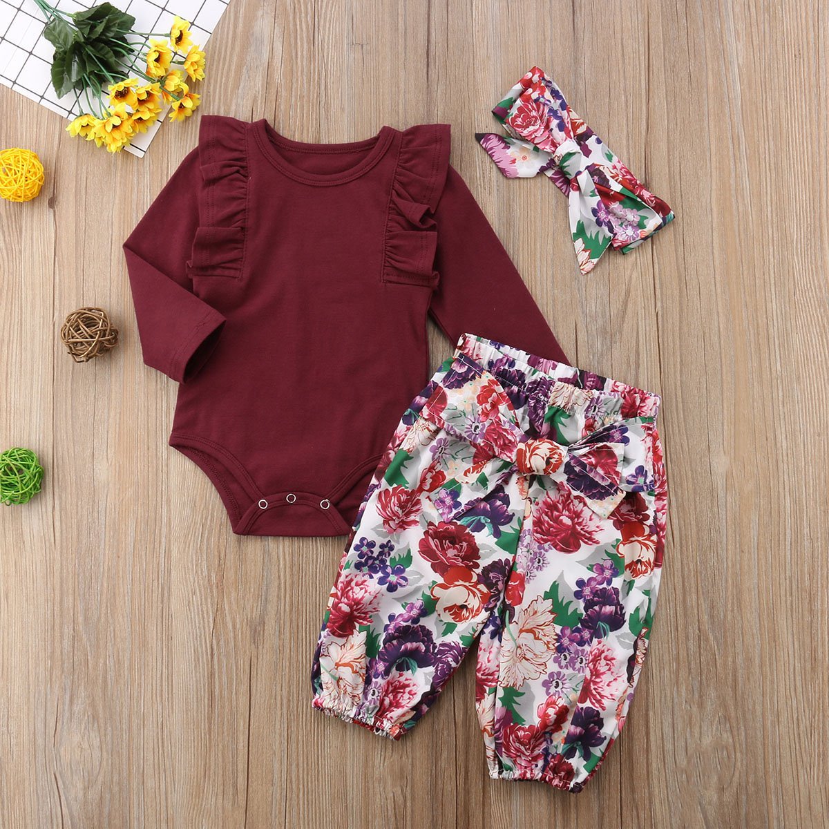 3PCS Baby Girl Clothes Set - Floral Romper, Bodysuit & Pants Outfit for Newborn Toddler | Soft Cotton Infant Jumpsuit for Playtime, Photo Shoots & Daily Wear