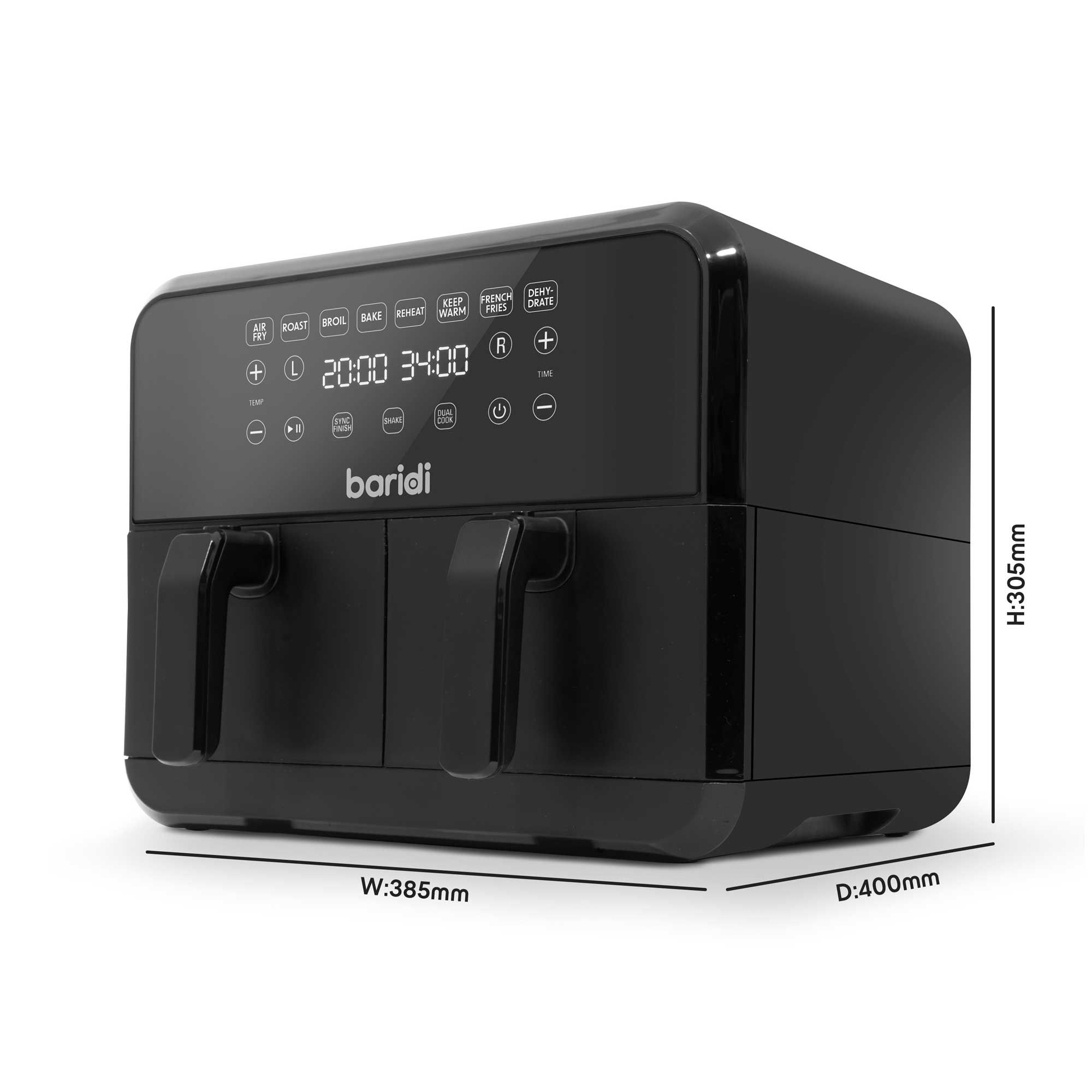 Baridi Dual Zone Air Fryer 8L - 1700W Power, 8 Preset Functions, Black (DH172) - Perfect for Family Cooking, Healthy Meals & Quick Snacks