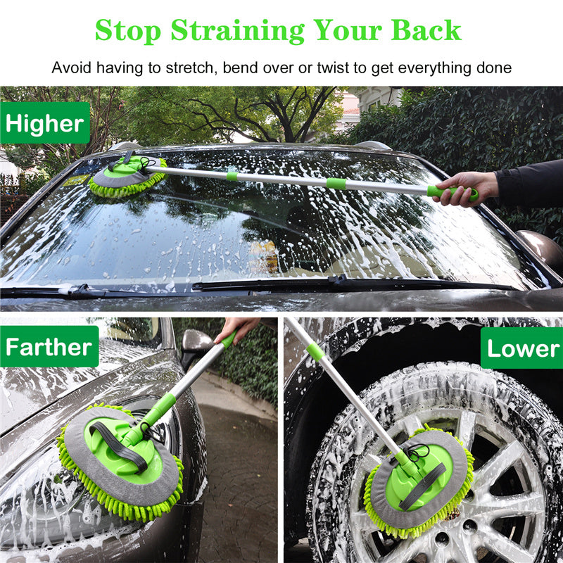 3 in 1 Chenille Wash Mop & Window Cleaner with Removable Car Wash Mitt (3.75 ft) - Perfect for Home, Car, and Window Cleaning - Multi-Surface Cleaning Tool for Floors, Vehicles, and Glass