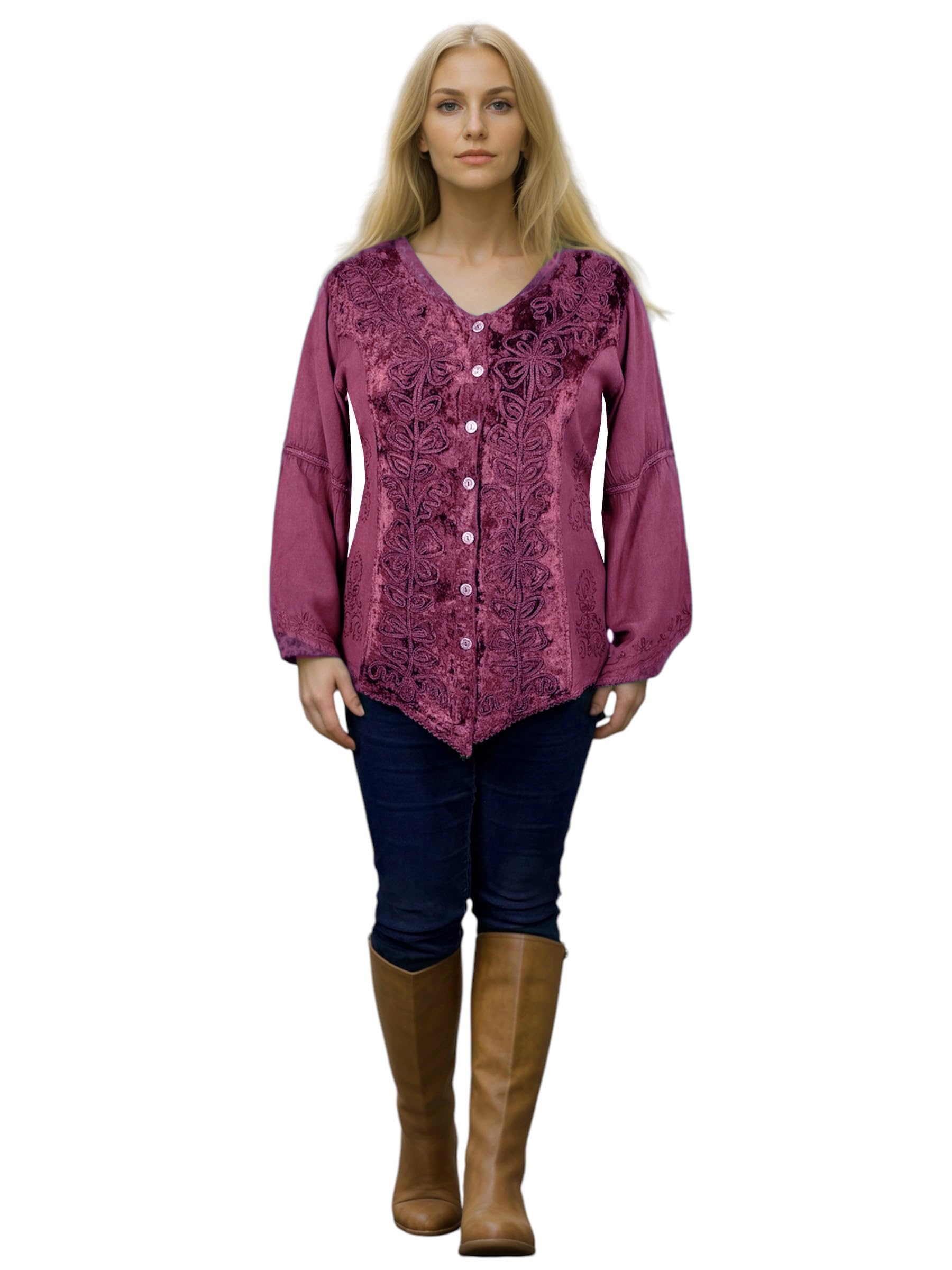 Agan Traders 2025 Long Sleeve Velvet Blouse for Women - Vintage Renaissance Button Down Embroidered Top | Spring Winter Fashion | Perfect for Parties, Weddings & Renaissance Fairs