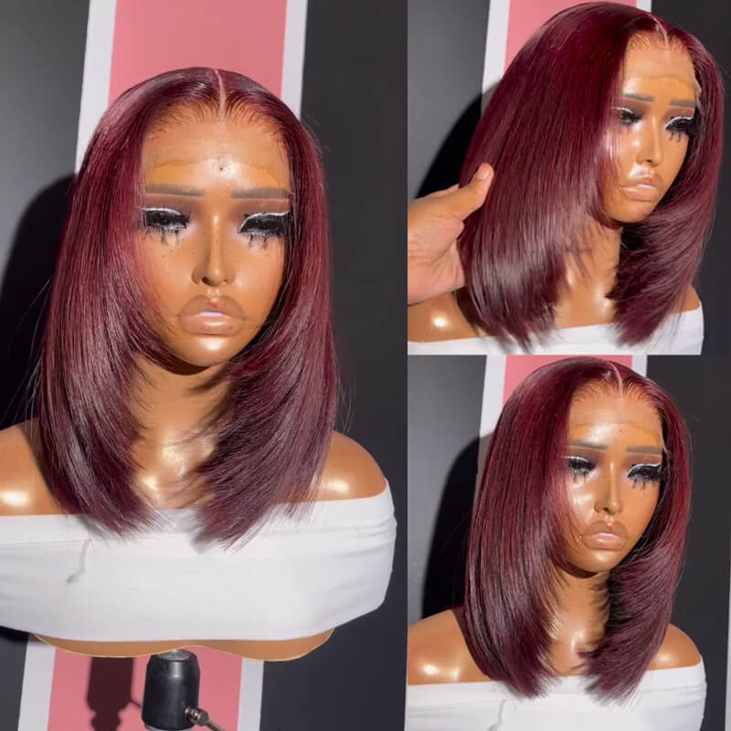 Eullair Wine Red Highlight Straight Skunk Stripe Human Hair Bob Wig - Short Layered Cut, Pre Plucked, Glueless, for Women | Perfect for Cosplay, Parties, and Daily Wear