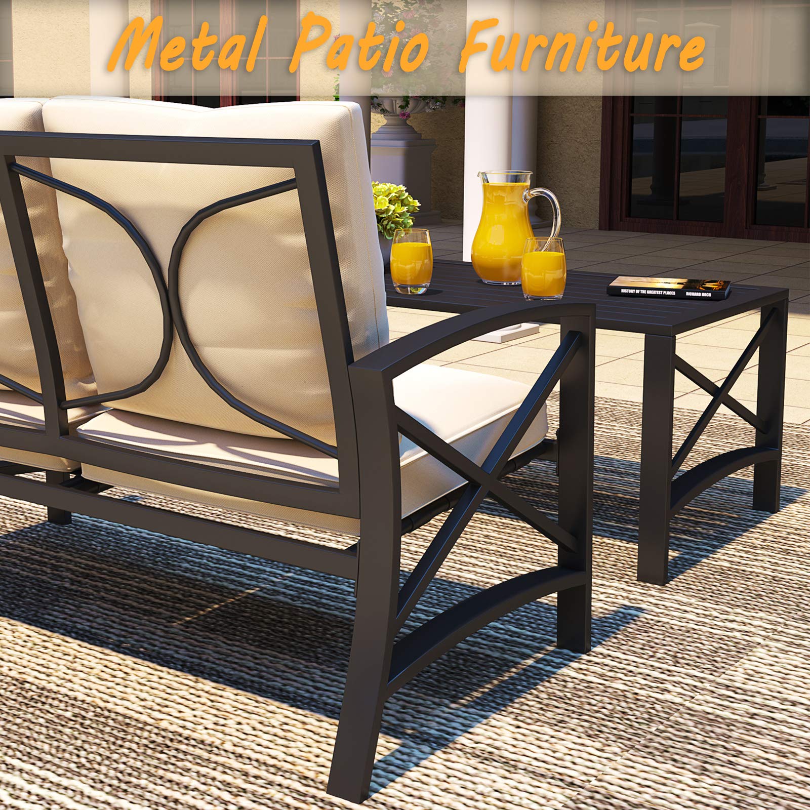 PatioFestival 5-Piece Outdoor Patio Furniture Set - Metal Conversation Sectional Loveseat with Cushions & Coffee Table - Weather-Resistant for Poolside, Backyard, Garden, Lawn (Khaki) | Perfect for Outdoor Entertaining, Relaxation & Summer Gatherings