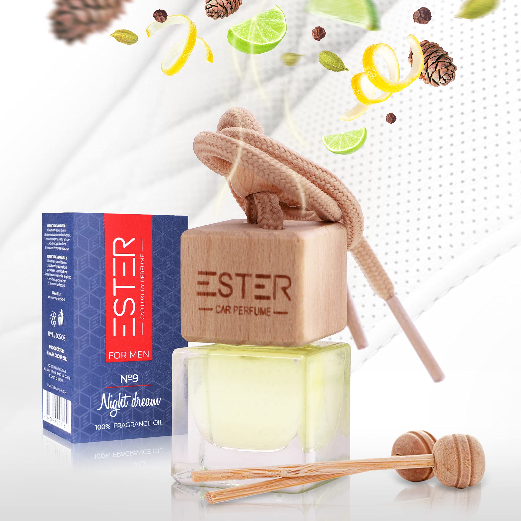 Luxury Car Perfume Air Freshener for Men - №9 Night Dream Essential Oil Diffuser with Reed Sticks - 1 Fl Oz Long-Lasting Scent (Spicy, Floral, Sweet, Woody) - Perfect for Cars, Offices & Home Fragrance
