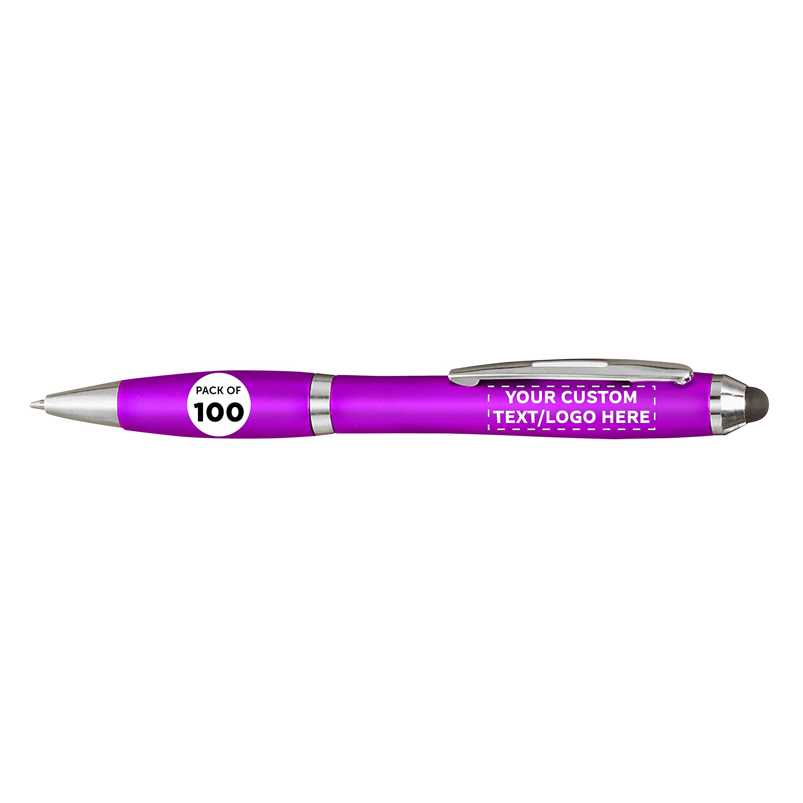 Custom Plastic Stylus Pens - Bulk Pack of 100 with Black Ink, Personalized for Office, School & Business Use - Perfect for Tradeshows, Events & Digital Devices (Purple)