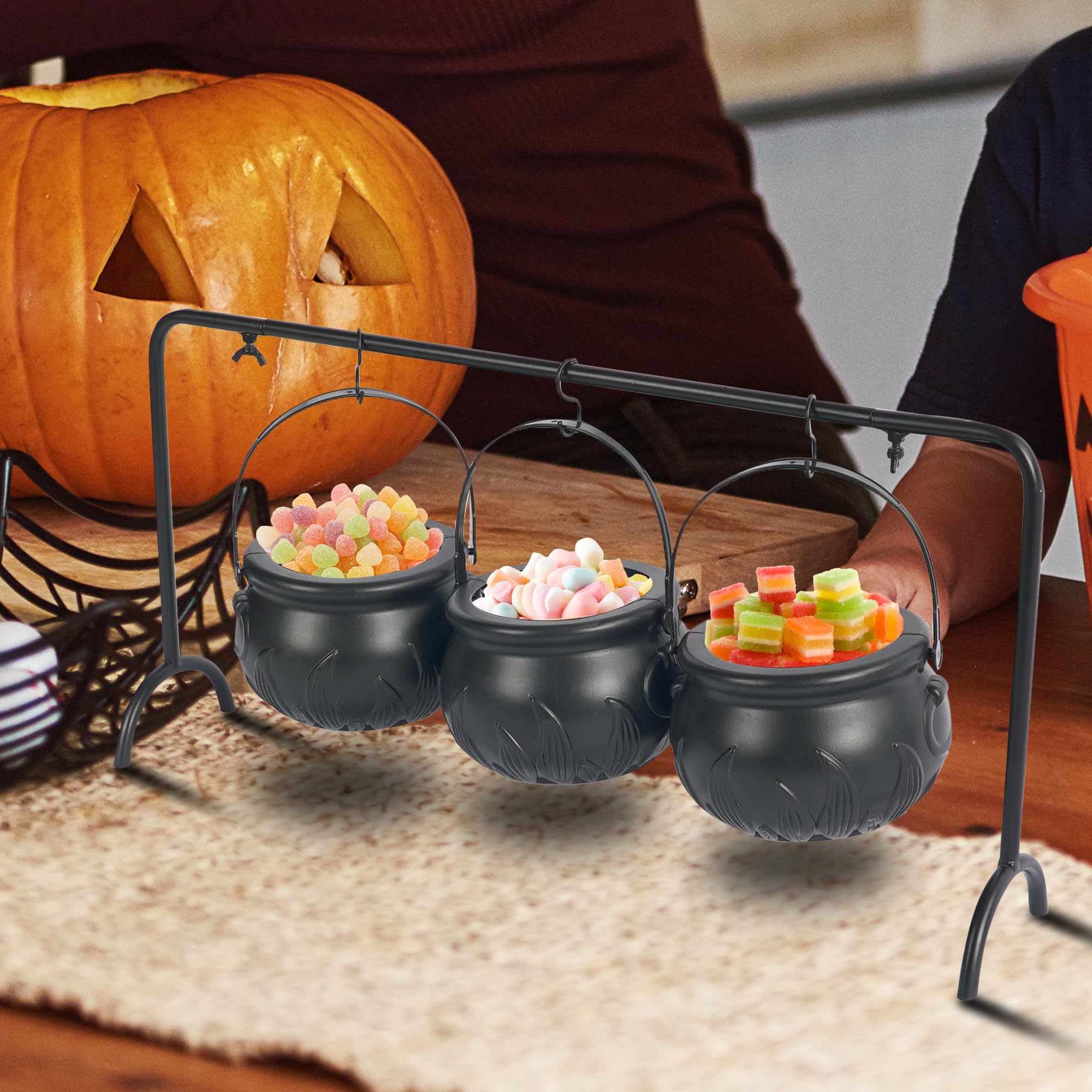 Hourleey Halloween Decorations - Set of 3 Black Plastic Witch Cauldron Serving Bowls with Rack, Hocus Pocus Candy Bucket for Indoor Outdoor Party, Kitchen & Home Decor - Perfect for Trick-or-Treat Candy Display, Spooky Table Centerpiece, and Themed Halloween Parties