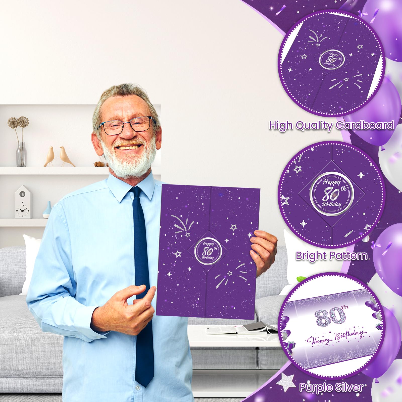 Elegant Purple & Silver 80th Birthday Decorations Set - Signature Guest Book Alternative for Women & Men - Perfect for 80th Birthday Party, Anniversary Celebration & Special Occasions - Includes Greeting Cards & Party Favors