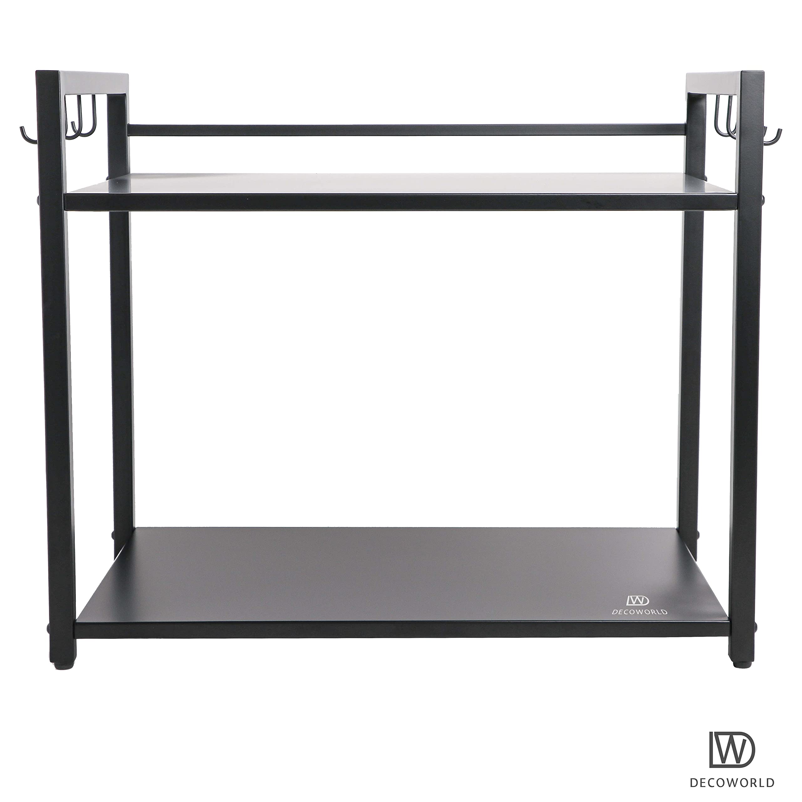 DECOWORLD Metal Microwave Stand - Double Tier Kitchen Counter Organizer with Hooks for Microwave, OTG & Oven Storage - Black Space Saving Shelf for Small Kitchens & Apartments