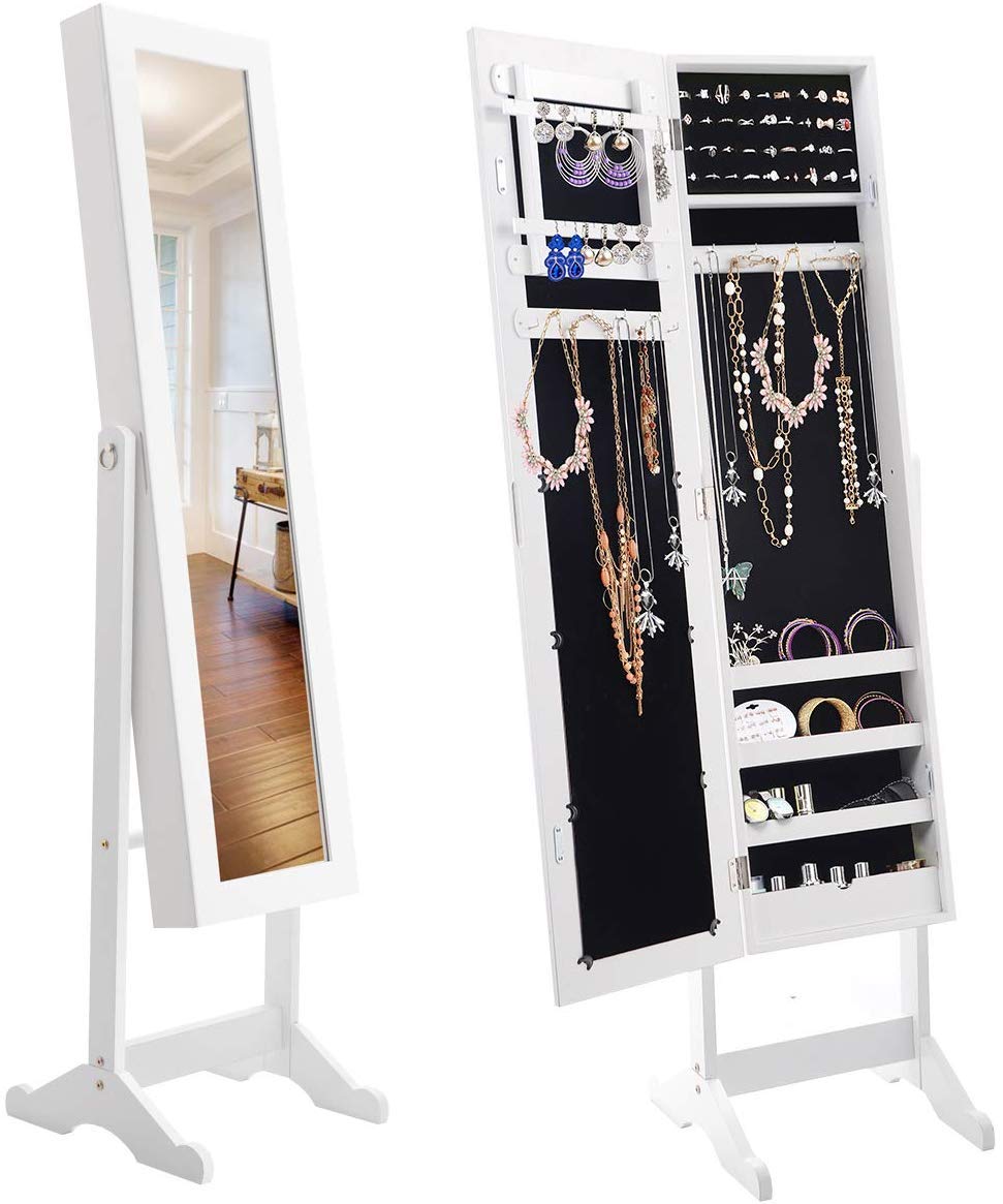 HOMGX White Wooden Standing Jewelry Cabinet with Mirror - Jewelry Armoire Organizer for Necklaces, Rings & Earrings - Perfect for Bedroom, Closet & Dressing Room Storage