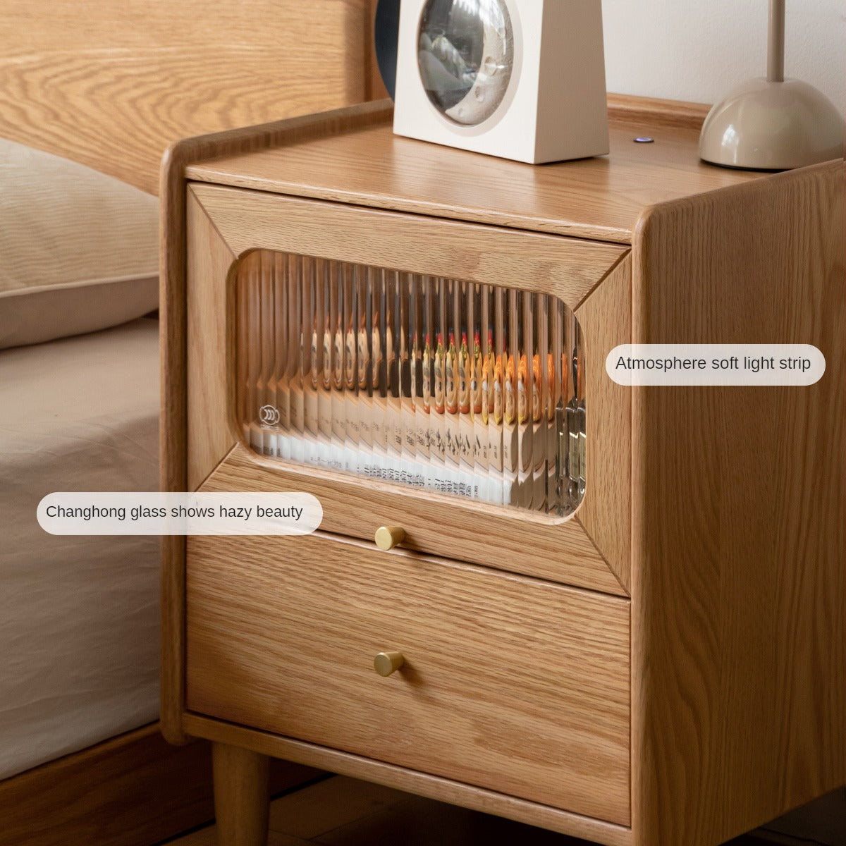 Solid Oak Wood Nightstand with Built-in LED Light - Modern Bedside Table for Bedroom, Living Room, or Office