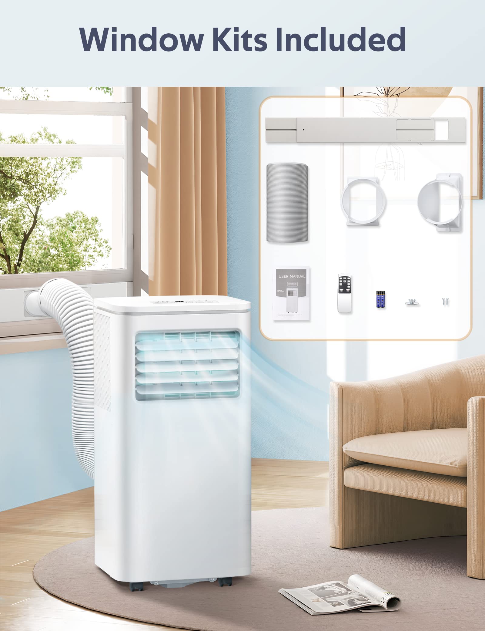 ZAFRO 8,000 BTU Portable Air Conditioner - Cool Rooms Up to 350 Sq.Ft with Remote Control, Digital Display & 24H Timer | Perfect for Home, Office, Dorm & Small Spaces | Easy Installation Kit Included (White)