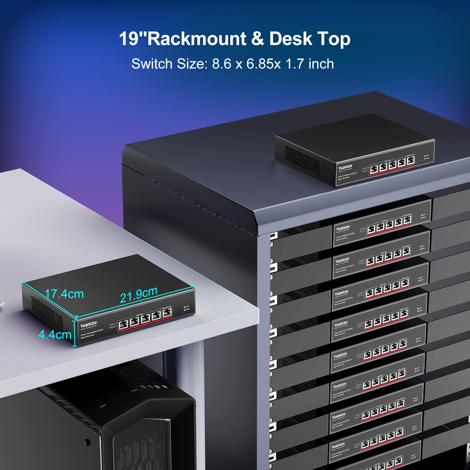 YuanLey 5-Port 10G PoE Switch Unmanaged - 4 x 10G PoE Ports, 1 x 10G Uplink, IEEE 802.3af/at, 65W Power, 1G/2.5G/5G/10G Compatible, Rackmount 10GbE Network Switch for Home Office, Surveillance & High-Speed Networking