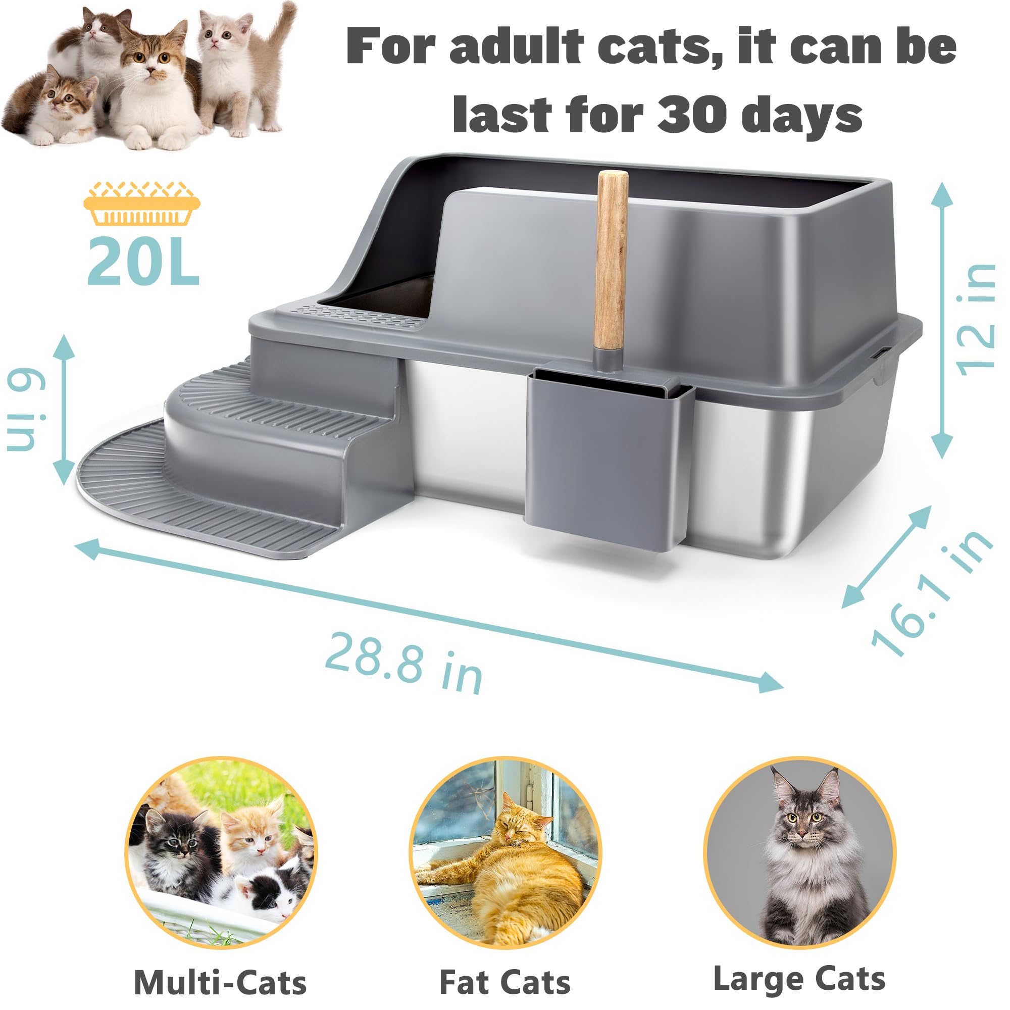 Stainless Steel Cat Litter Box with Steps - XL Size for Large Cats