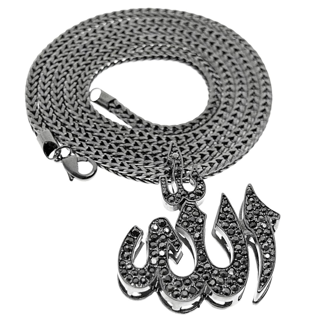 Allah Islamic Pendant Necklace - 36 Inch Franco Chain with Hematite & Iced Out Design for Muslim Men | Perfect for Eid, Ramadan & Religious Occasions