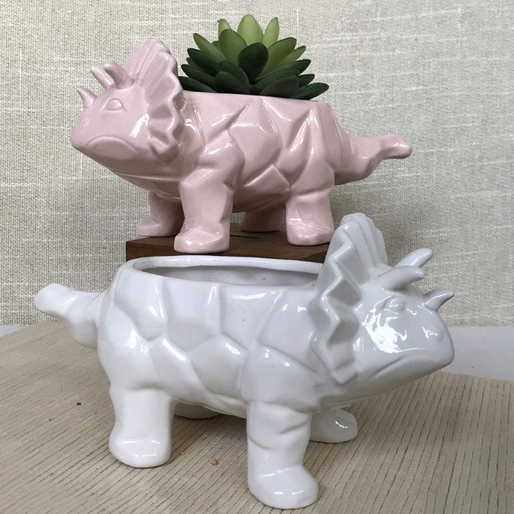 DOITOOL Ceramic Triceratops Succulent Planter - White Dinosaur Flower Pot for Small Plants, Cactus, Air Plants - Perfect for Home, Office Desk Decor & Gift Idea
