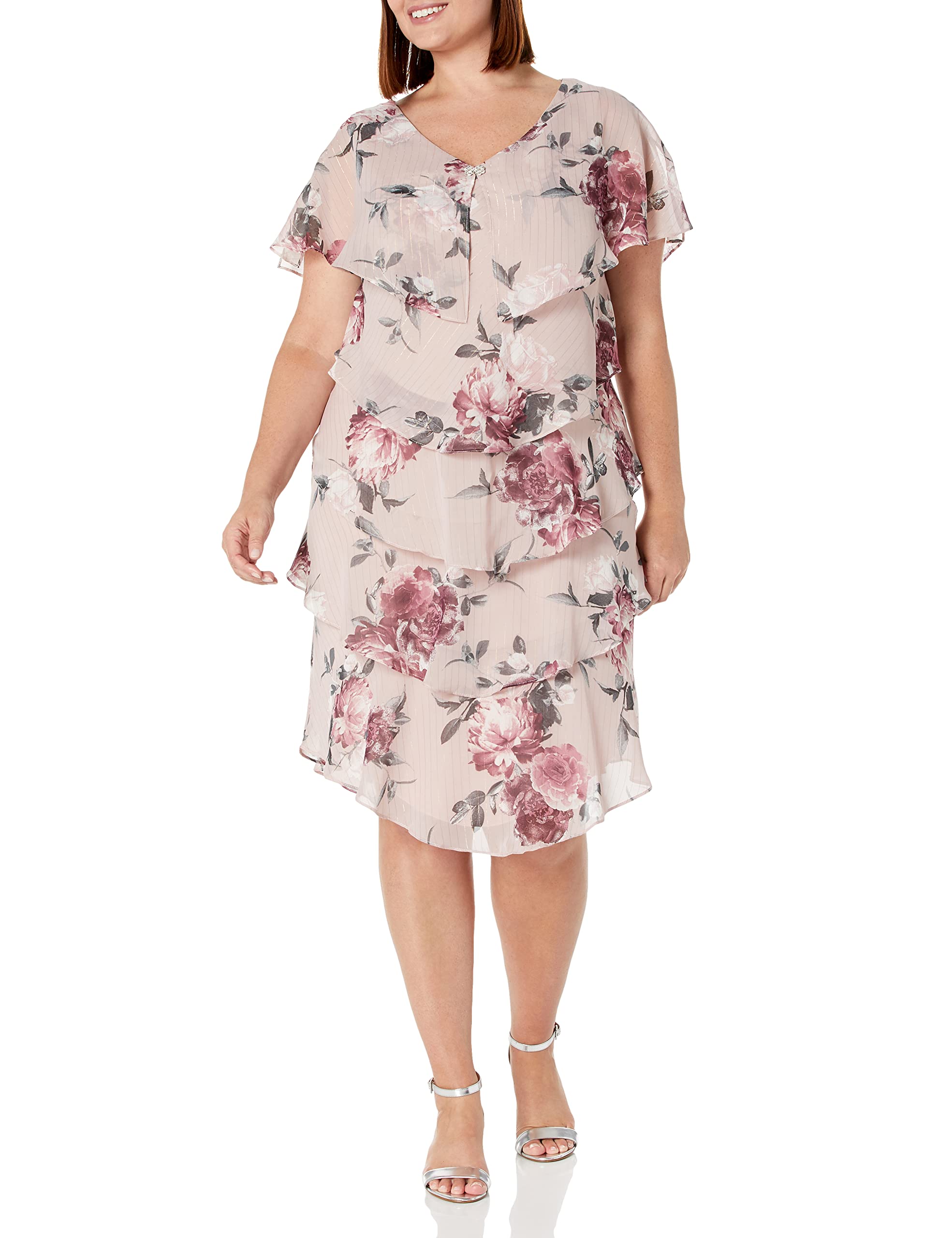 S.L. Fashions Women's Plus Size Short Sleeve Floral Print Pebble Tier Dress - Casual Summer Dress for Beach, Vacation & Everyday Wear