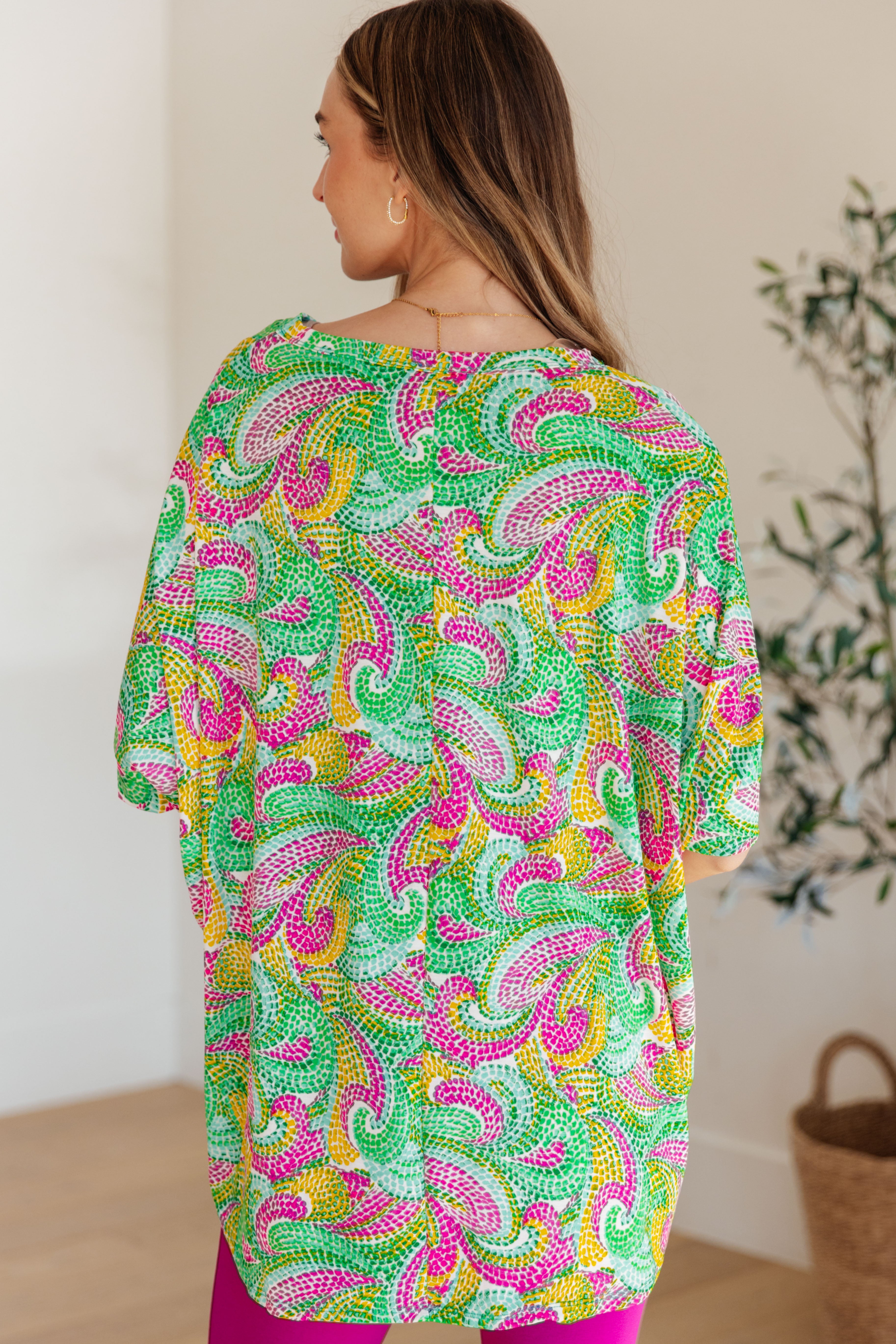 Dear Scarlett Women's Painted Green and Pink Essential Blouse - Elegant Casual Top for Work, Date Night & Spring Outfits