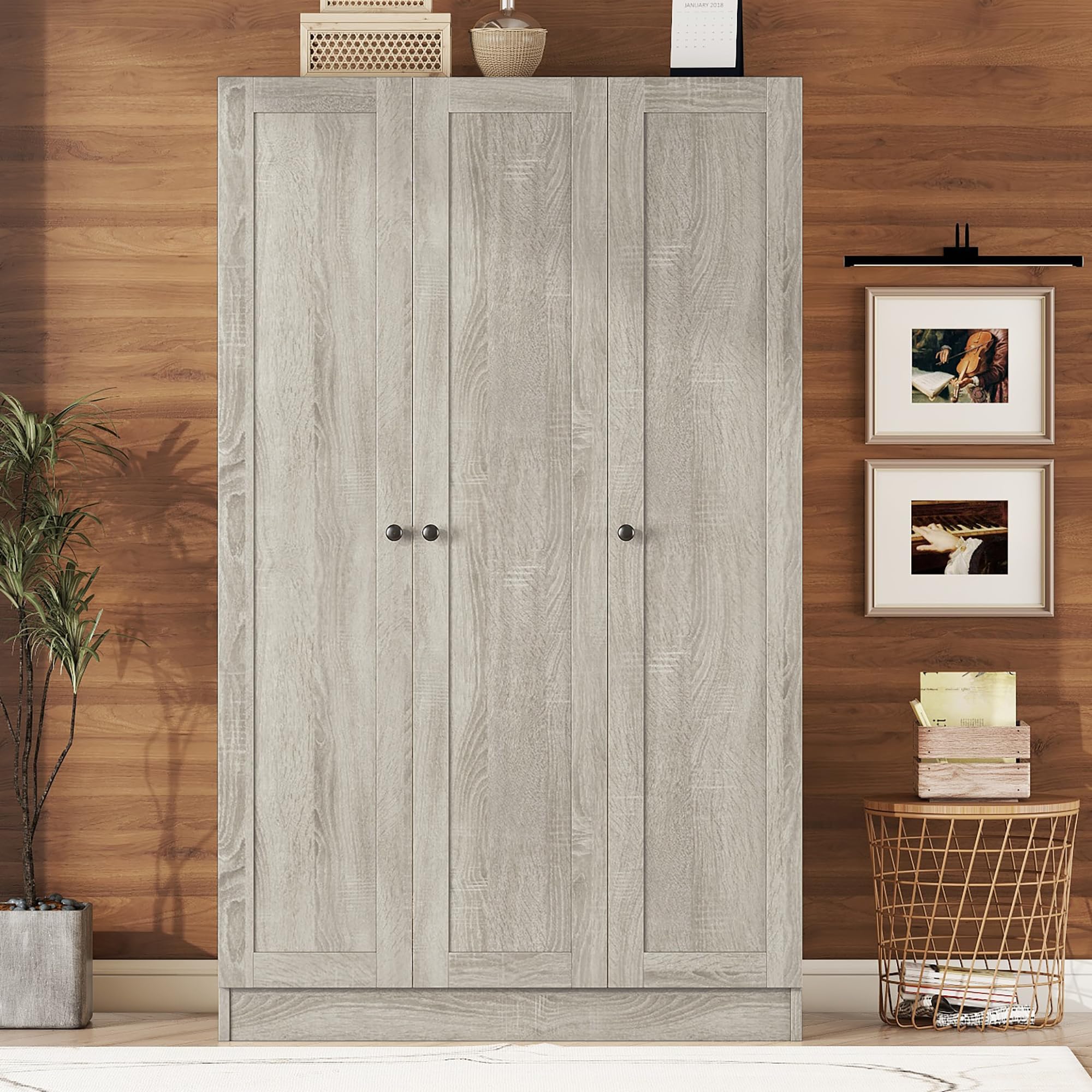 SOFTSEA 3 Door Freestanding Wardrobe Closet with Shelves & Hanging Rod - Wood Clothes Organizer Cabinet for Bedroom, Grey | Perfect for Small Spaces, Guest Rooms & Apartment Storage