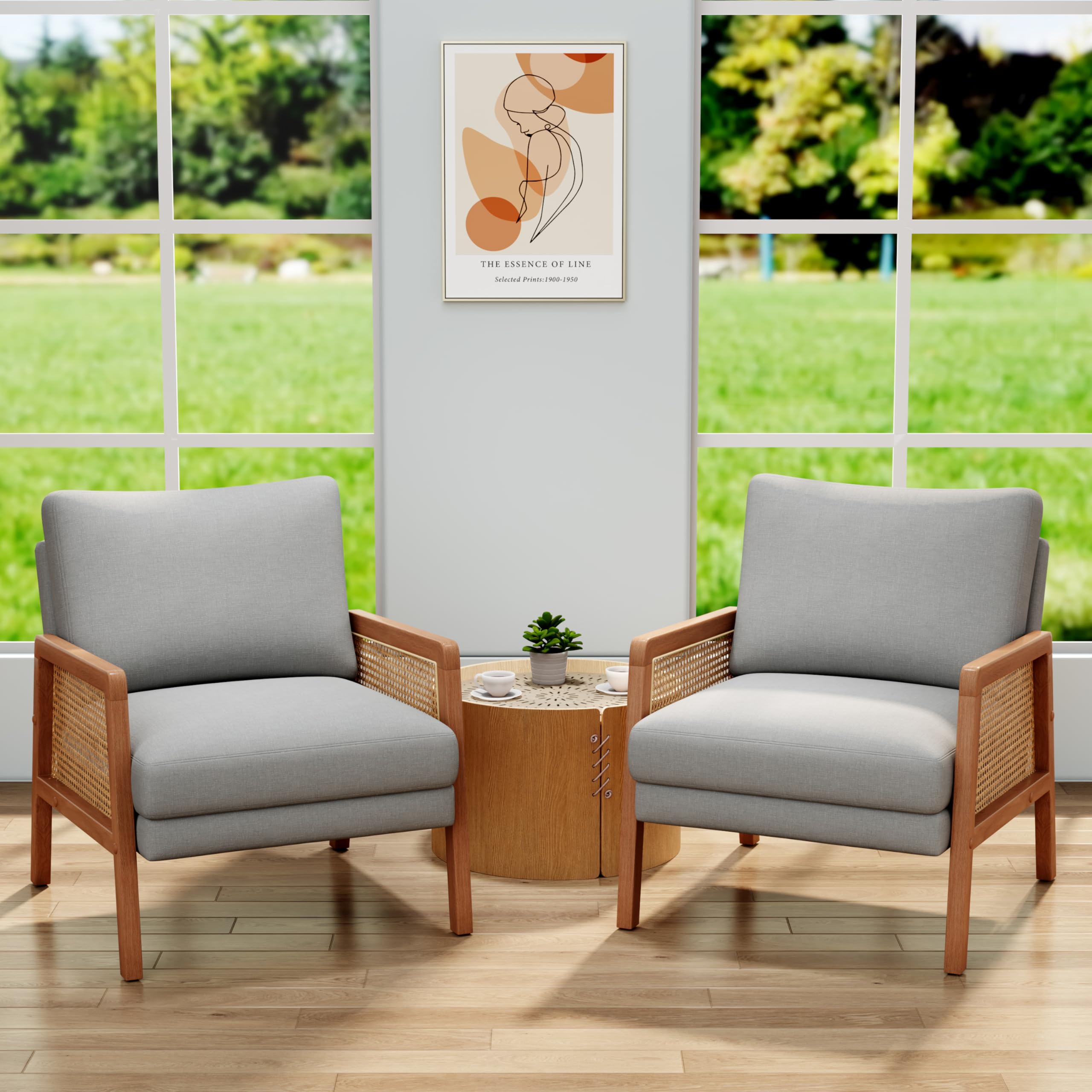 WENTMENT Set of 2 Modern Rattan Accent Chairs with Natural Armrests - Upholstered Living Room Armchairs, Comfortable Single Sofa Chairs for Reception, Hosting & Bedroom (Grey) | Perfect for Lounge, Reading Nook & Cozy Home Decor