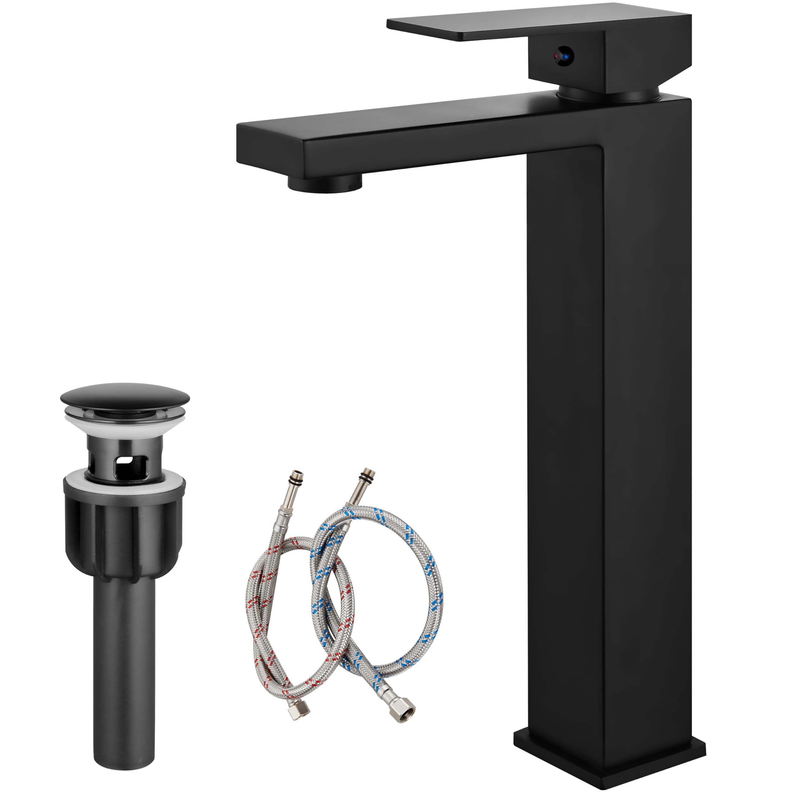 Brushed Nickel Tall Single Handle Bathroom Faucet - Modern One Hole Deck Mount Sink Faucet with Pop-Up Drain & Water Supply Hoses - Perfect for Bathroom Vanity, Powder Room & Guest Bath Upgrades