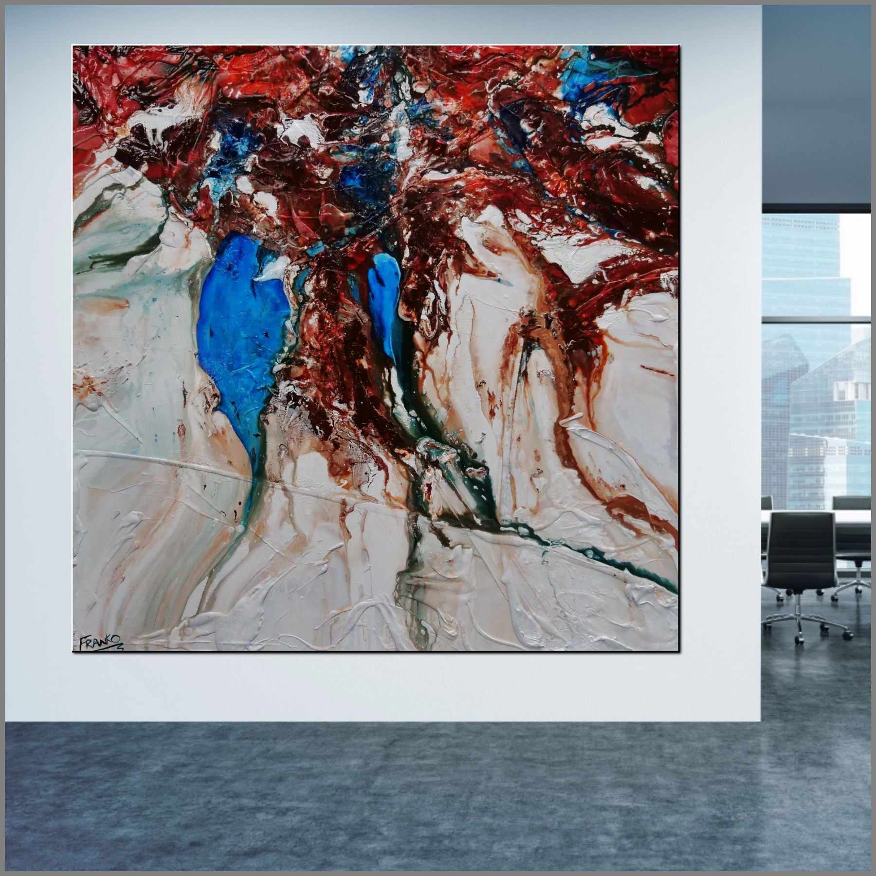 150cm x 150cm Dual Blue Atol Abstract Textured Painting - Blue White Orange Modern Wall Art for Living Room, Bedroom & Office Decor