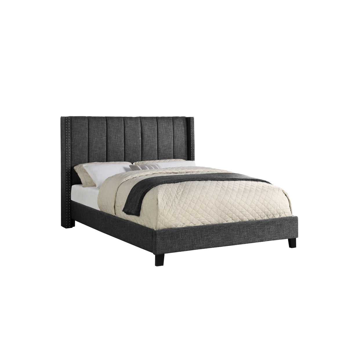 Clara Queen Bed Frame - Dark Grey Linen Upholstered Platform Bed with Tufted Headboard & Nailhead Trim for Modern Bedroom Decor