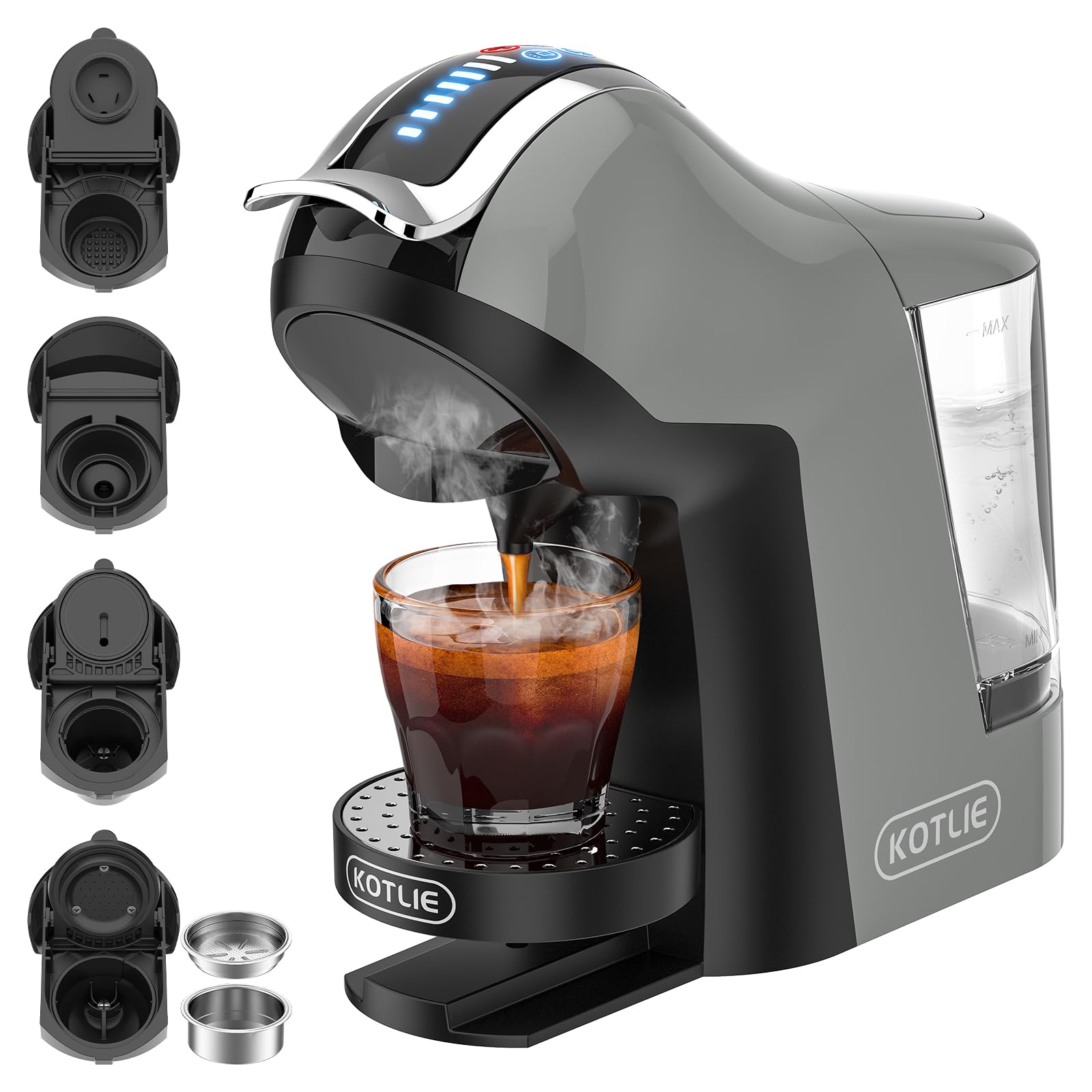 KOTLIE 5-in-1 19Bar Multicapsule Espresso Coffee Machine - Cold & Hot Brewing Single-Serve Coffee Maker for K-Cup/Dolce Gusto/Nespresso Original/Ground Coffee/44mm ESE Pods - Perfect for Home, Office & Small Cafes (Grey, Model EM-308A)