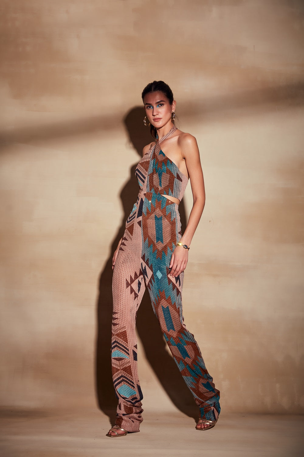 Turquoise Sequin Jumpsuit for Women - Elegant V-Neck Long Sleeve Party Romper with Floral Print | Perfect for Cocktail Parties, Night Out, and Special Occasions