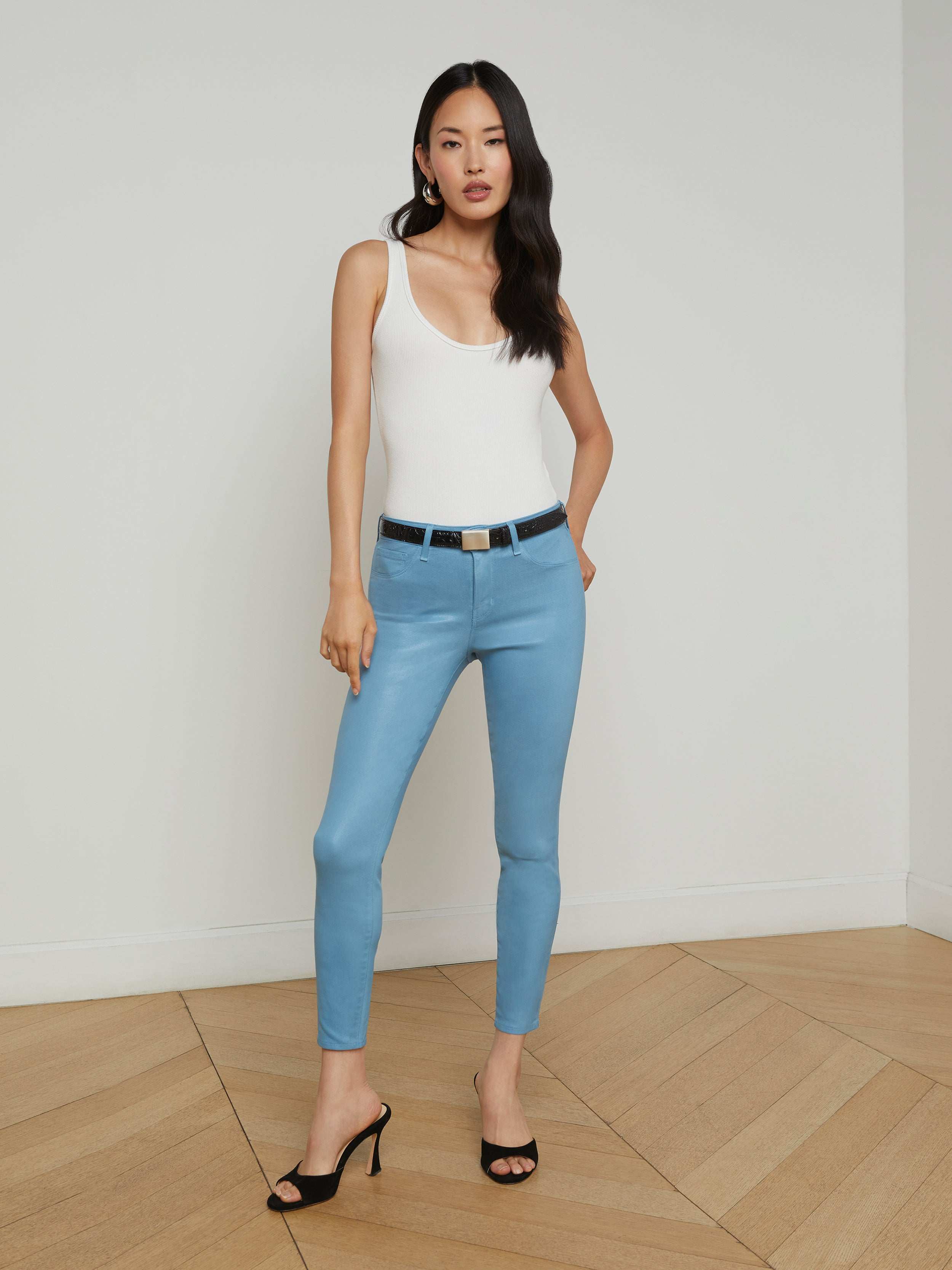 Margot High Waist Coated Cropped Skinny Jeans for Women - Stretch Denim Pants with Faux Leather Coating | Perfect for Night Out, Date Night & Casual Wear