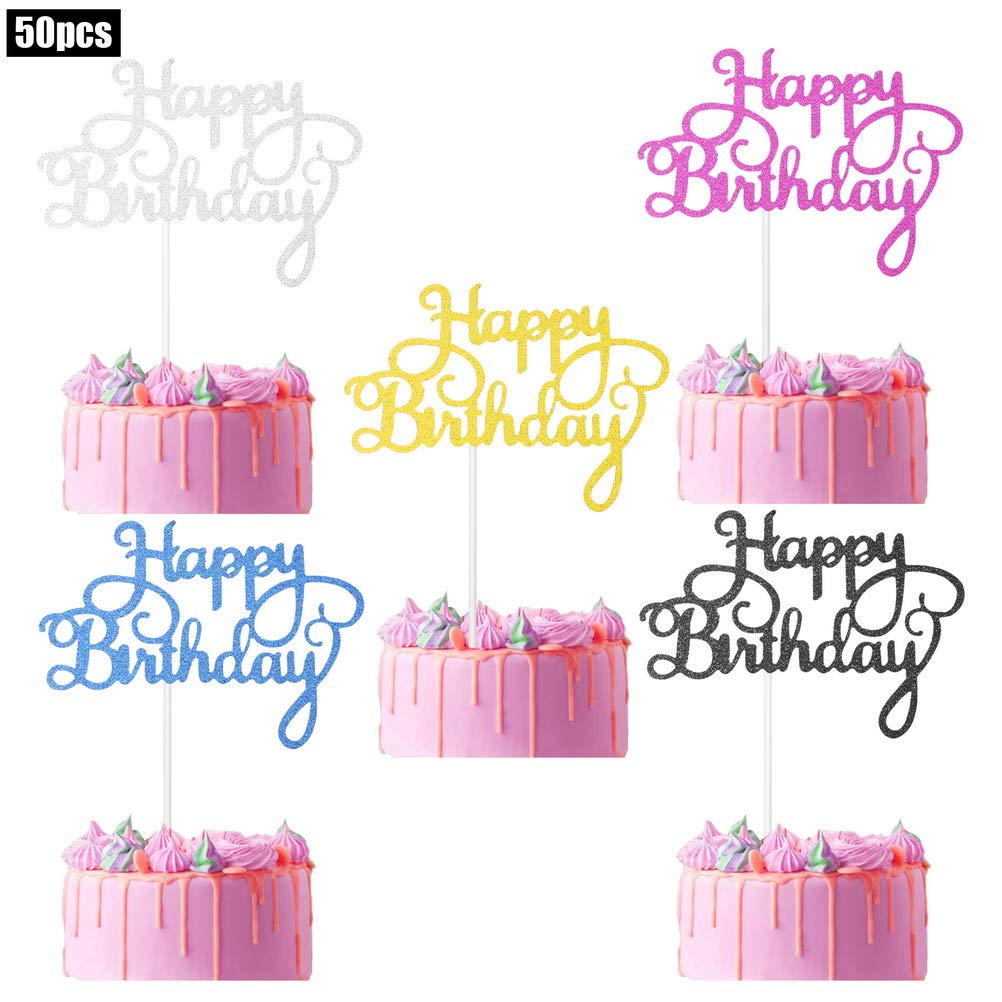50 Pack Glitter Happy Birthday Cake Toppers - Colorful Cupcake Decorations for Kids & Adults (5 Colors) - Perfect for Birthday Parties, Baby Showers & Celebrations