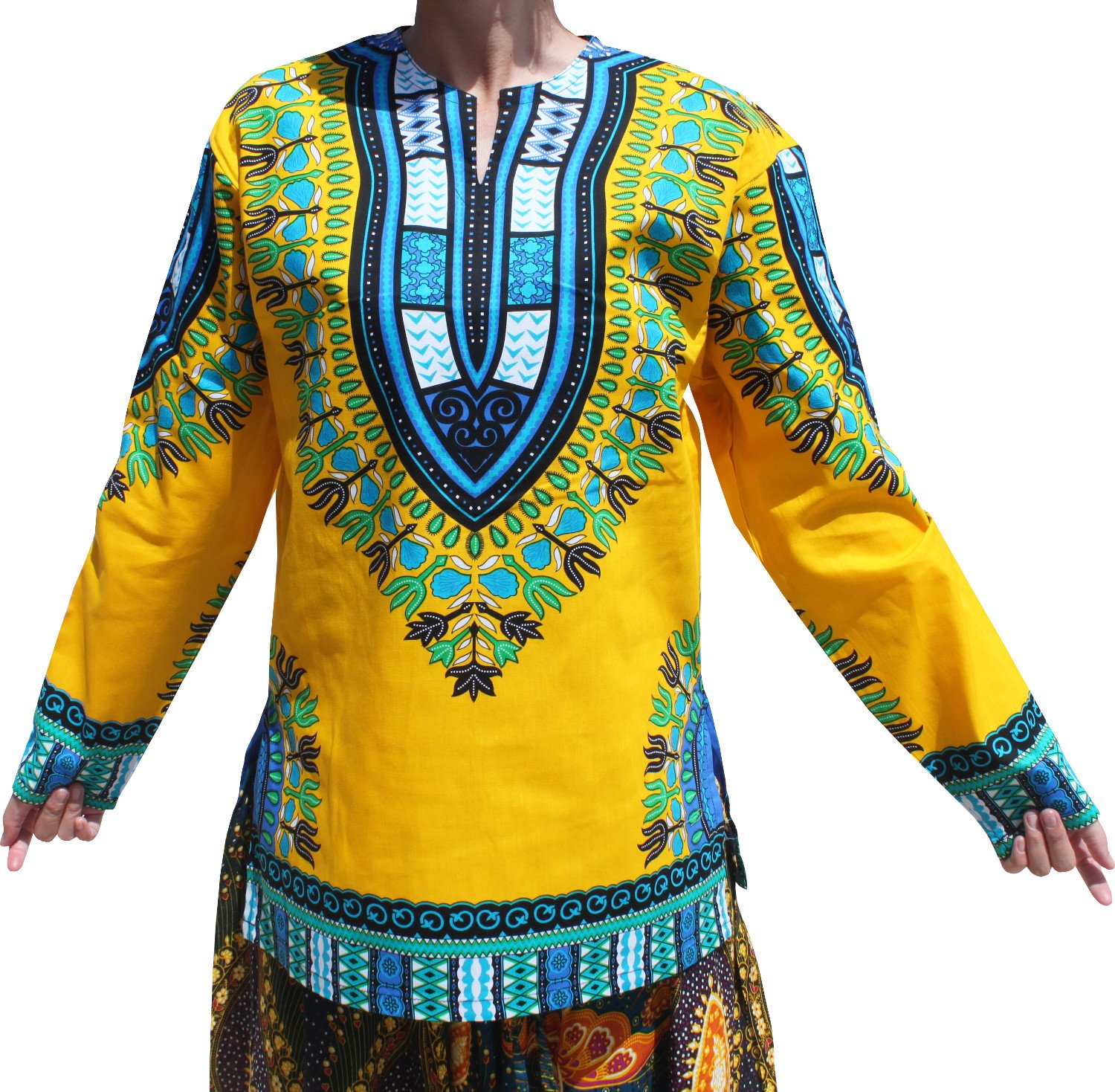 RaanPahMuang African Dashiki Print Open Collar Long Sleeve Shirt for Men - Traditional Afrocentric Dancewear for Cultural Events & Festivals