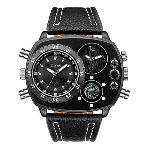Avaner Men's Dual Time Watch - Big Face Leather Strap for Travel & Business