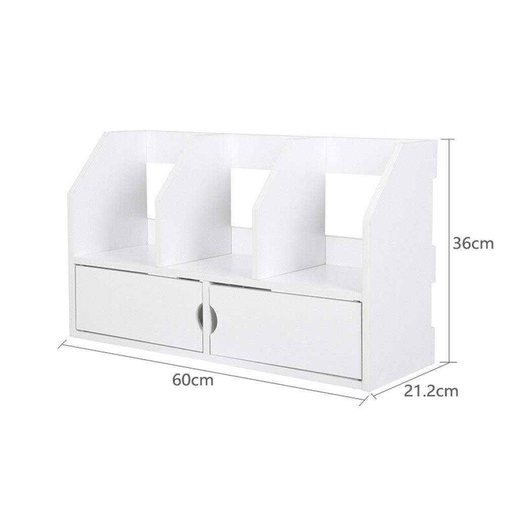 Expandable Bamboo Wood Desktop Bookshelf with 2 Drawers - Space Saving Book Organizer for Home Office, Study & Dorm Room - White Tabletop Bookcase for Books, Magazines & Office Supplies