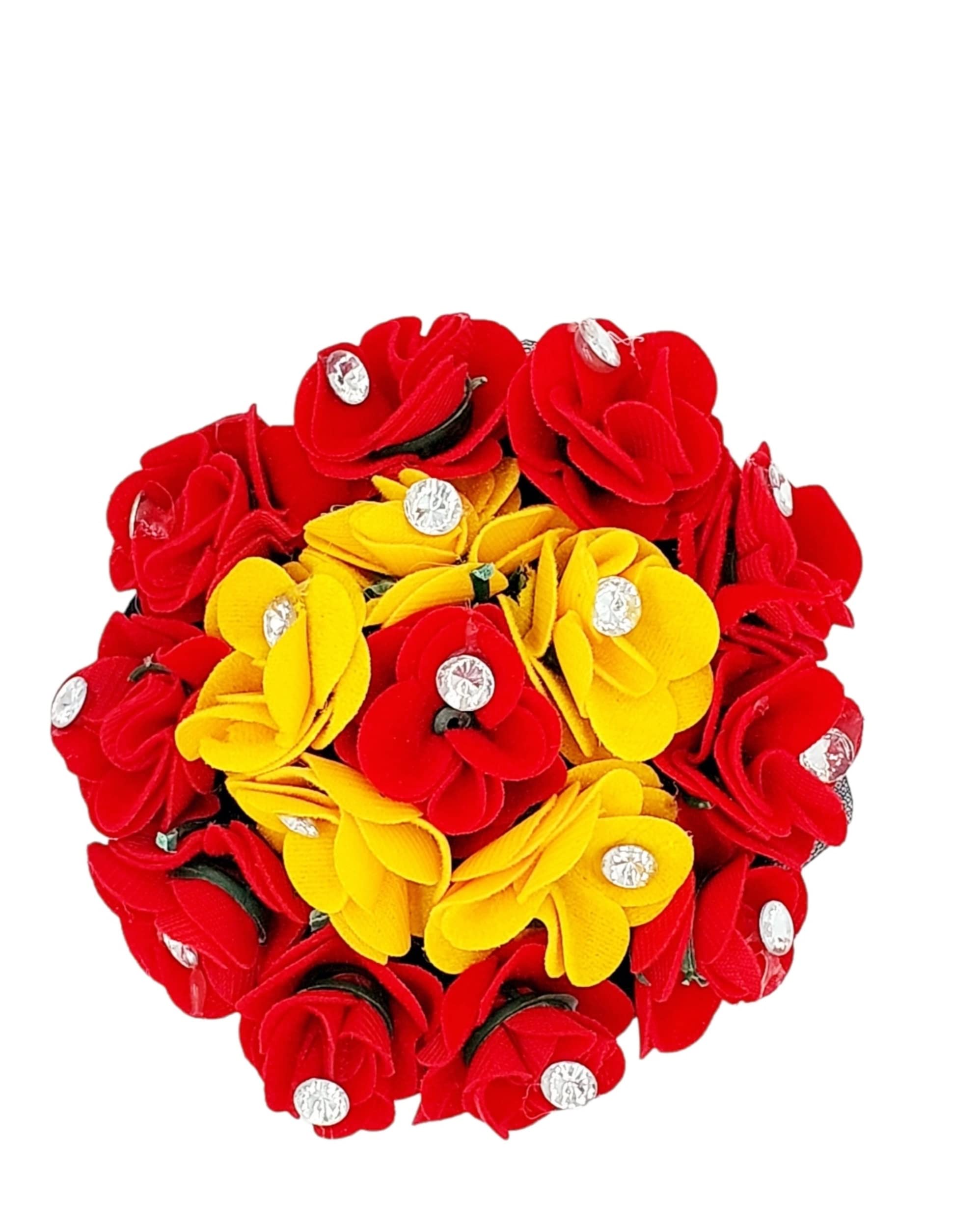 DIAN Red & Yellow Artificial Flower Gajra Hair Accessories - Full Bun Juda Maker with Rubber Band for Women & Girls | Perfect for Weddings, Parties & Traditional Indian Hairstyles