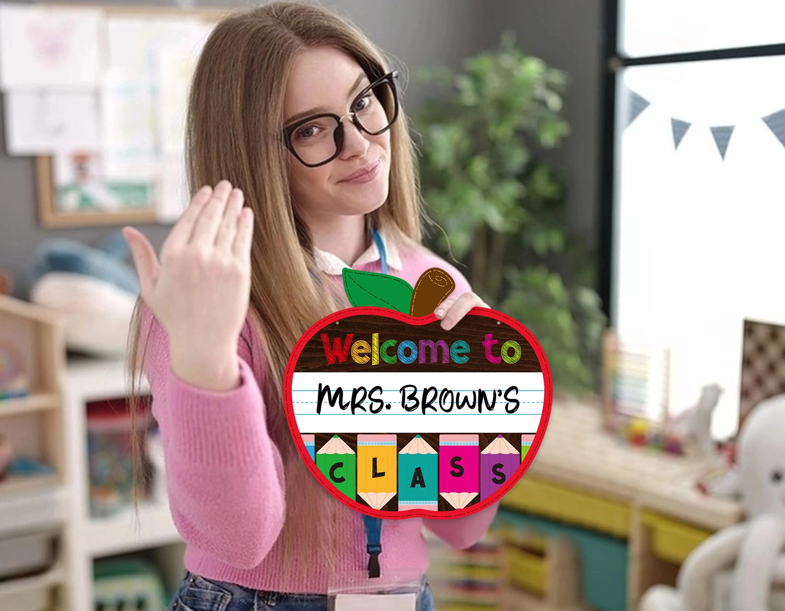 Personalized Apple-Shaped Welcome Sign for Classroom Door - 11.3