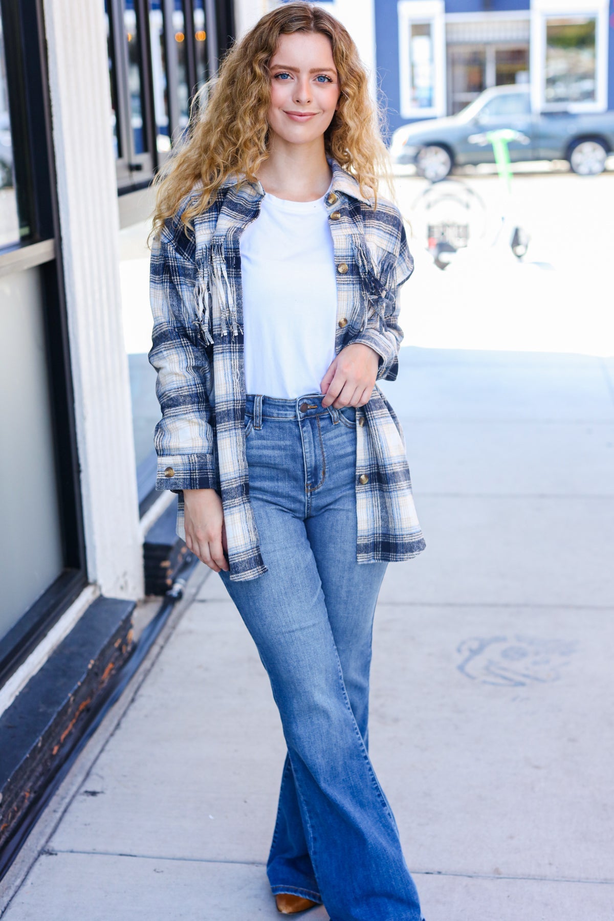 Boldly You Navy Plaid Fringe Button Down Shacket - Stylish Overshirt for Women | Fall & Winter Layering Essential | Perfect for Casual Outings, Workwear & Outdoor Adventures
