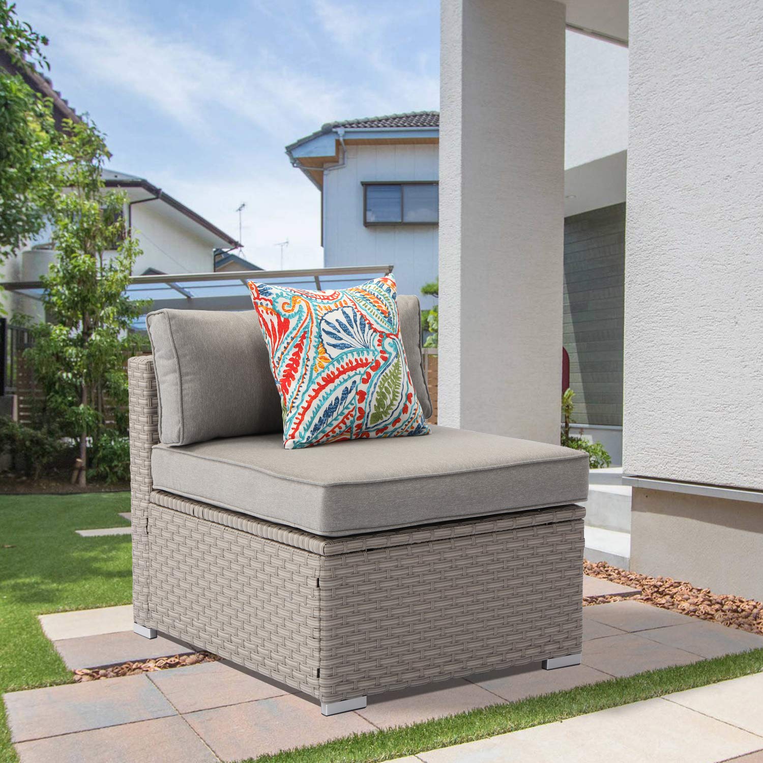 HOMPUS Outdoor Patio Furniture - Gray Wicker Armless Chair with Cushion & Pillow - Weather-Resistant Garden, Pool, Backyard Seating for Relaxation & Entertaining