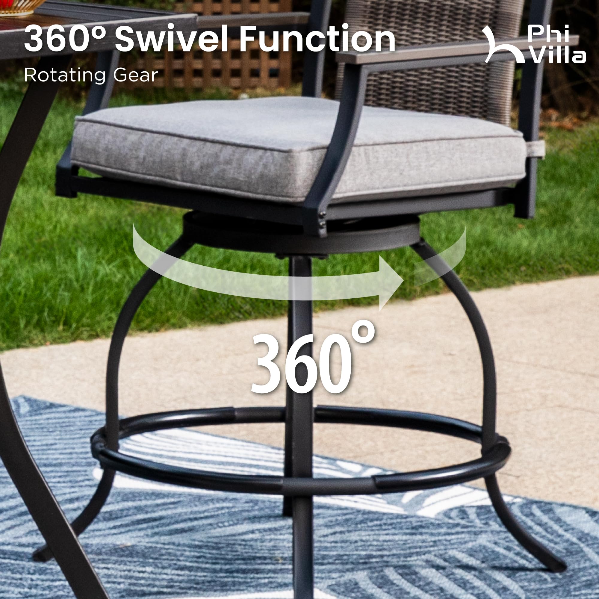 PHI VILLA 3-Piece Outdoor Bistro Set - Counter Height Swivel Bar Chairs with Rattan Backrest & Gray Cushion + Square Metal Table - Weatherproof Patio Furniture for Garden, Yard, Poolside - Perfect for Entertaining, Relaxing & Outdoor Dining