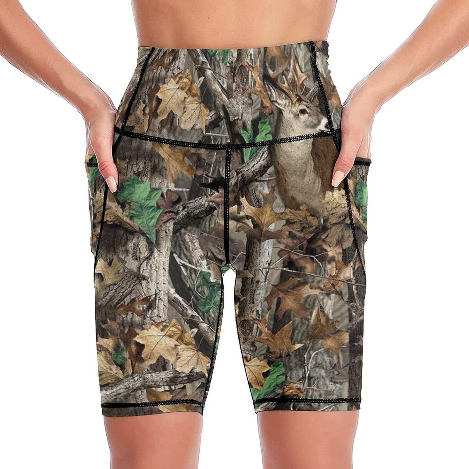 BAIKUTOUAN Women's Camo Deer Camouflage Hunting Yoga Shorts - Printed Biker Workout Running Pants for Outdoor Fitness & Hunting Activities