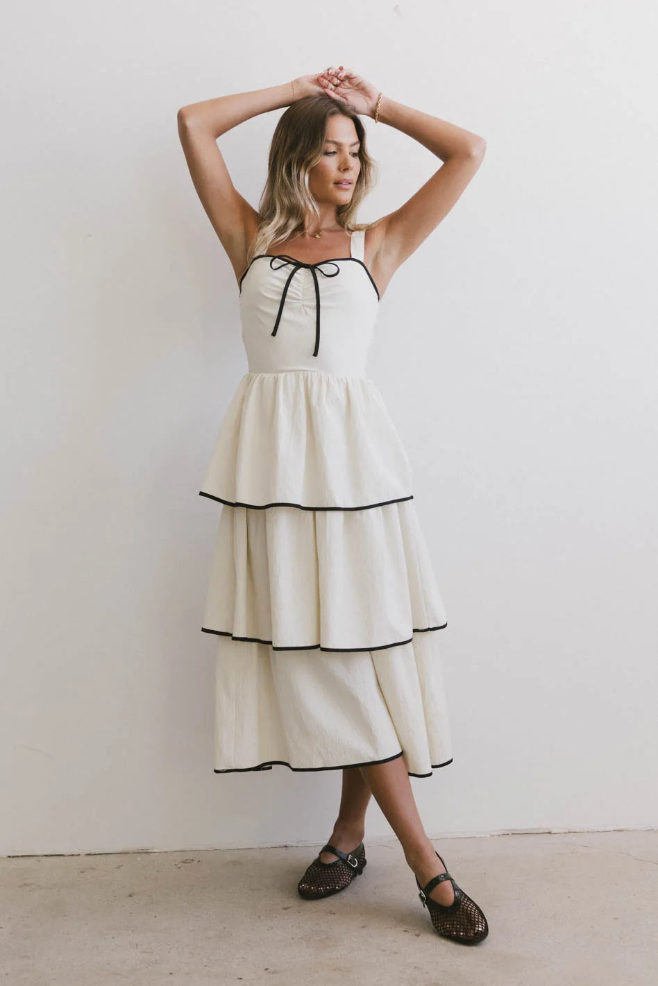 Liza Contrast Trim Dress in Cream | Elegant Women's Party & Evening Gown | Perfect for Weddings, Cocktail Parties & Special Occasions