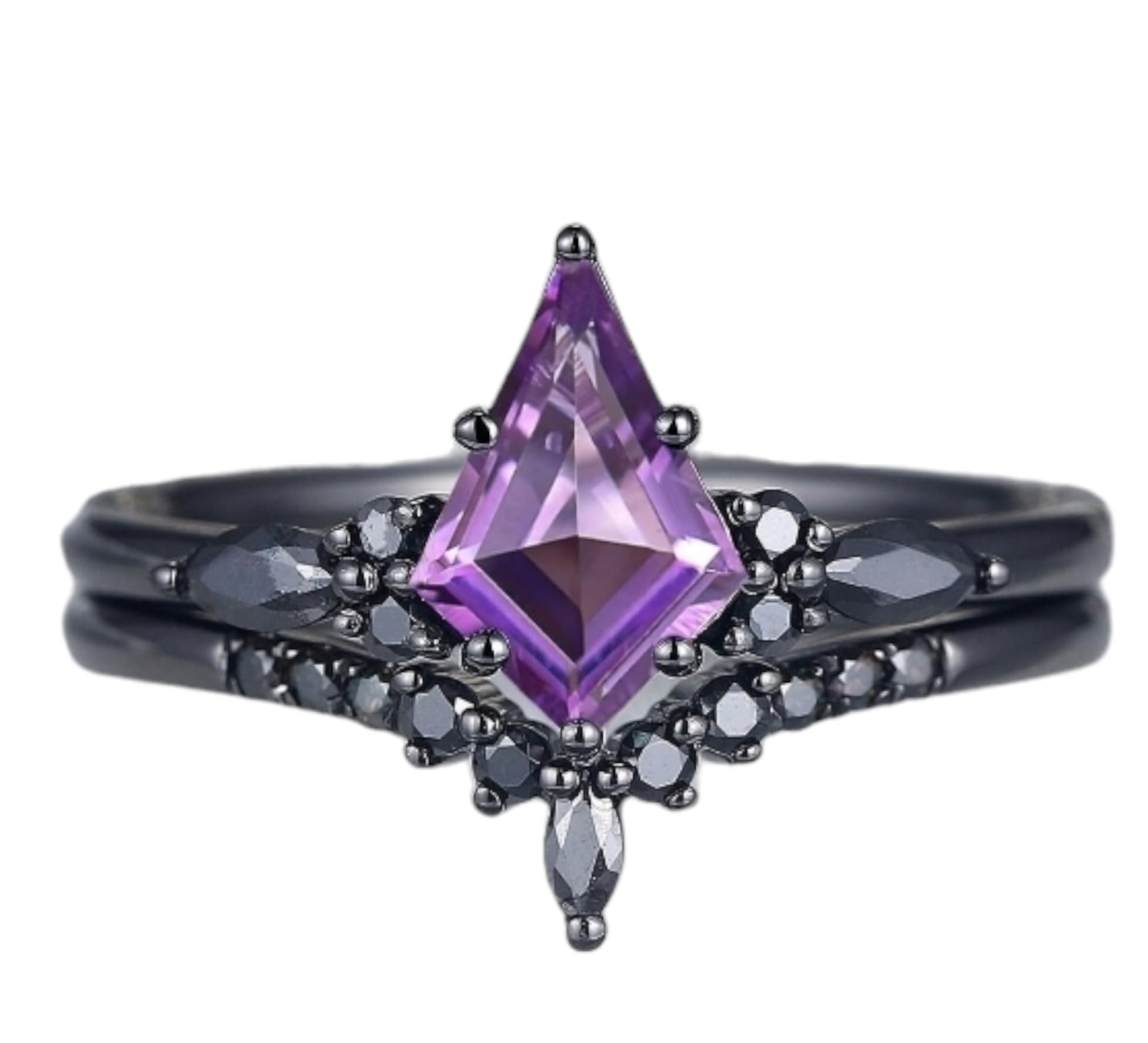 925 Sterling Silver Kite Cut Amethyst Ring Set - Wedding, Promise, Engagement & Anniversary Ring for Women (2 Pcs) | Perfect for Bridal Jewelry, Gift Giving & Special Occasions