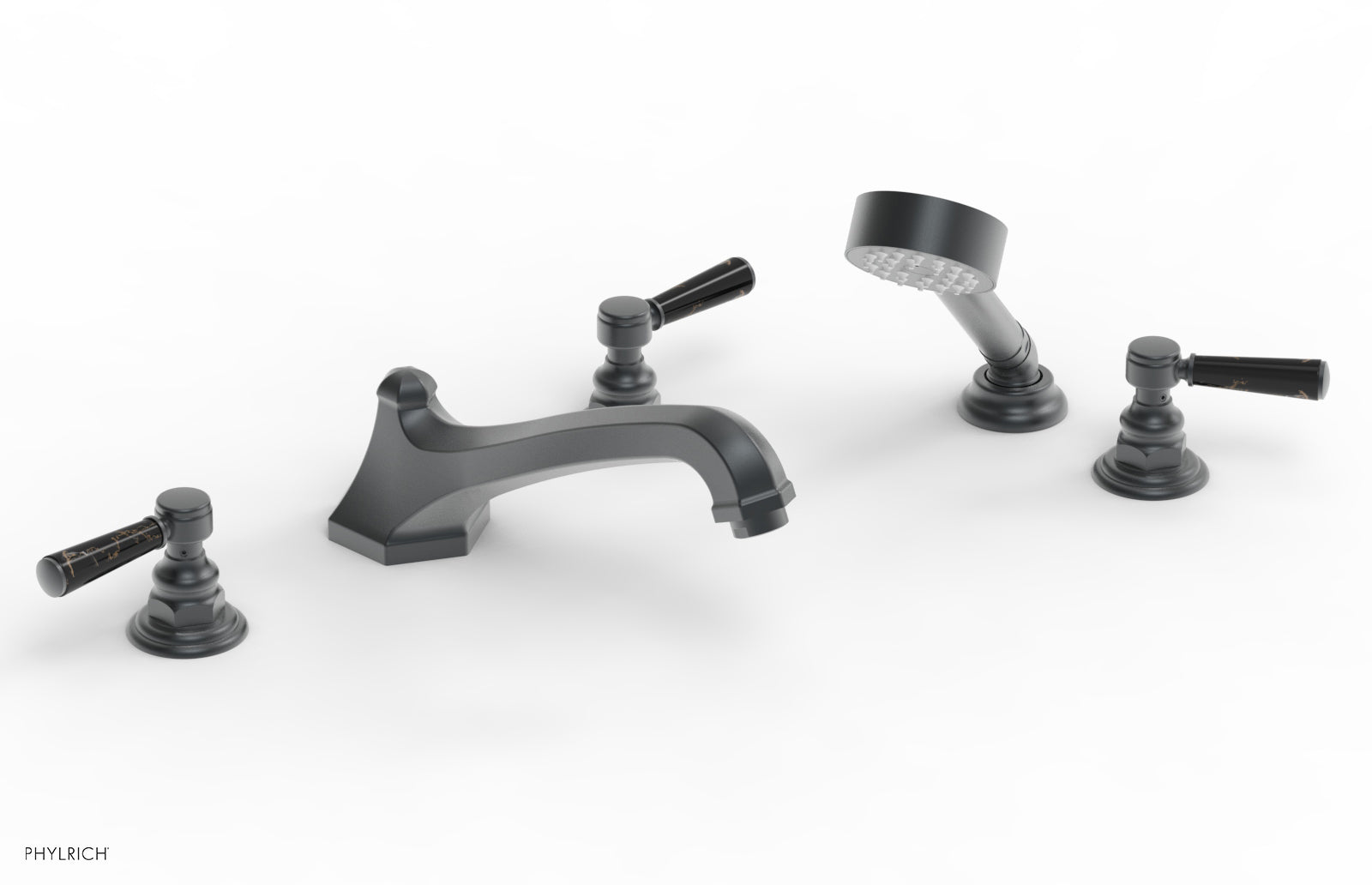 HEX TRADITIONAL Deck Mounted Bathtub Set with Hand Shower - Black Marble Lever Handles - 50