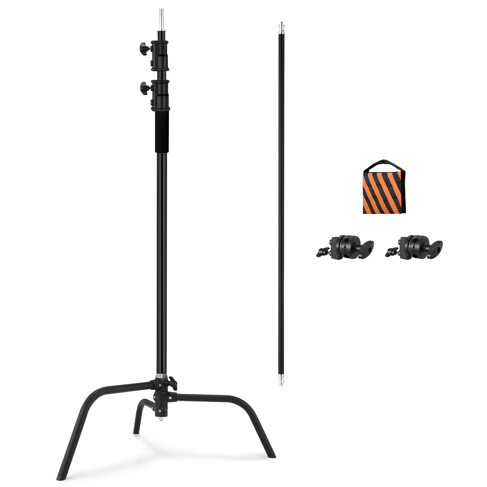 Heavy Duty C Stand with Boom Arm - Black Stainless Steel Adjustable Photography Light Stand with Grip Head & Sand Bag for Studio Lighting, Overhead Shooting, Reflectors, Softboxes, Umbrellas - Perfect for Professional Photography, Videography, and Film Production