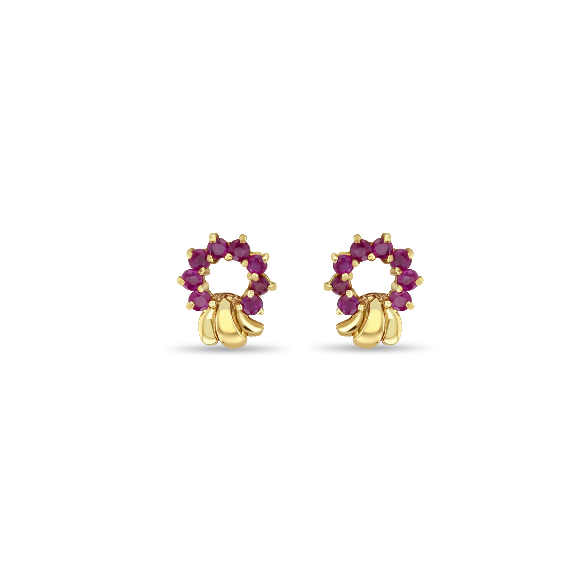 14K Yellow Gold Ruby Wreath Style Stud Earrings - Elegant Floral Design for Women, Perfect for Weddings, Parties & Everyday Wear