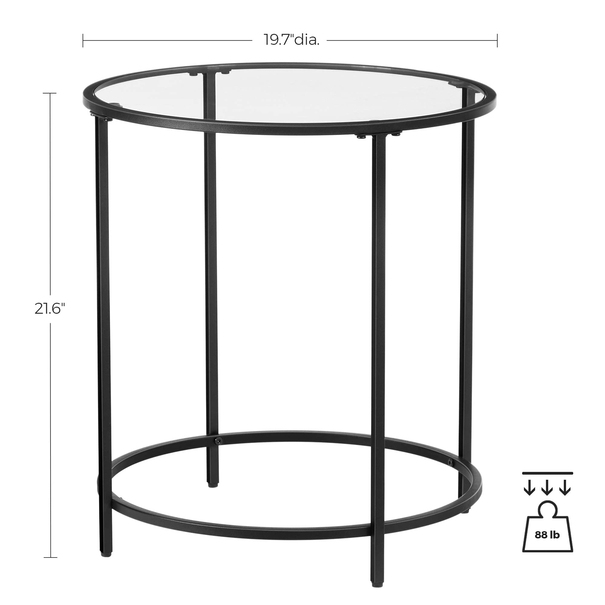 VASAGLE Modern Round Glass Side Table with Sturdy Metal Frame - Black End Table for Living Room, Bedroom, Balcony | Perfect Coffee Table for Small Spaces, Reading Nook & Home Decor