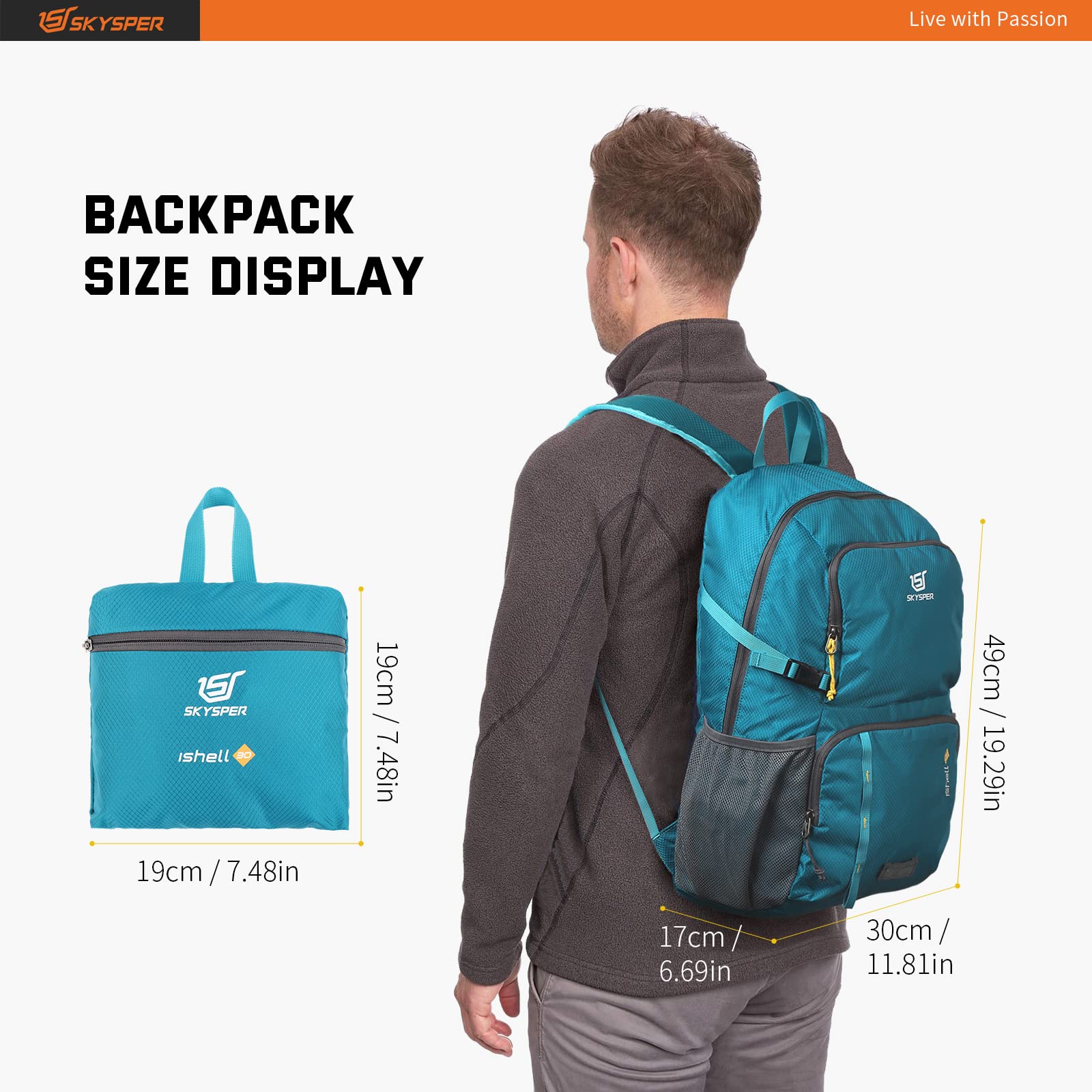SKYSPER 30L Lightweight Packable Backpack - Waterproof Hiking Daypack with Wet Pocket, Foldable Travel Carry-on Backpack for Women & Men - Perfect for Outdoor Adventures, Gym, School & Daily Commute