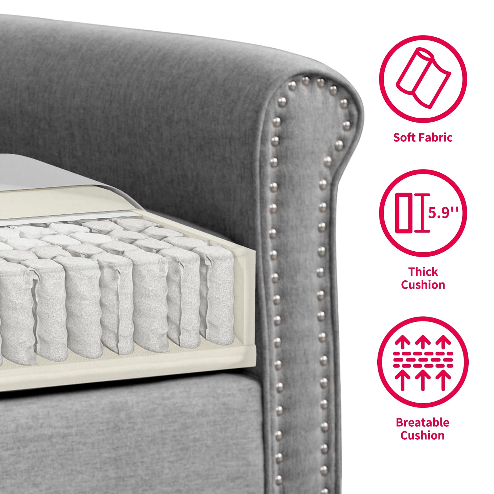 MUZZ 3-Piece Modern Linen Sectional Sofa Set with Nailhead Trim - 6-Seater Living Room Furniture (Sofa, Loveseat & Chair) in Light Grey - Perfect for Family Gatherings & Cozy Home Decor