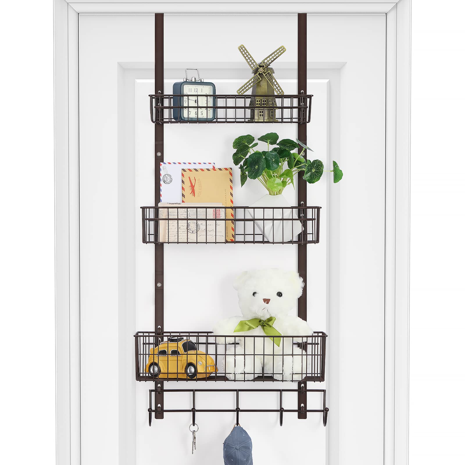 3-Tier Over The Door Hanging Basket Organizer - Spice Rack & Pantry Door Storage with 3 Baskets & 5 Hooks - Space Saving Solution for Kitchen, Bathroom, Closet & Laundry Room Organization (Brown)