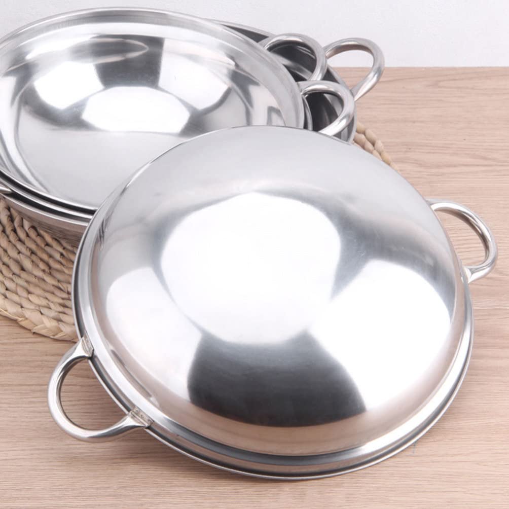 Hemoton 22cm Stainless Steel Chinese Wok Pan with Lid - Double Handle Stir Fry Skillet for Home Cooking, Outdoor Picnic & Camping - Durable Kitchen Cookware for Asian Cuisine, Stir Frying & Deep Frying
